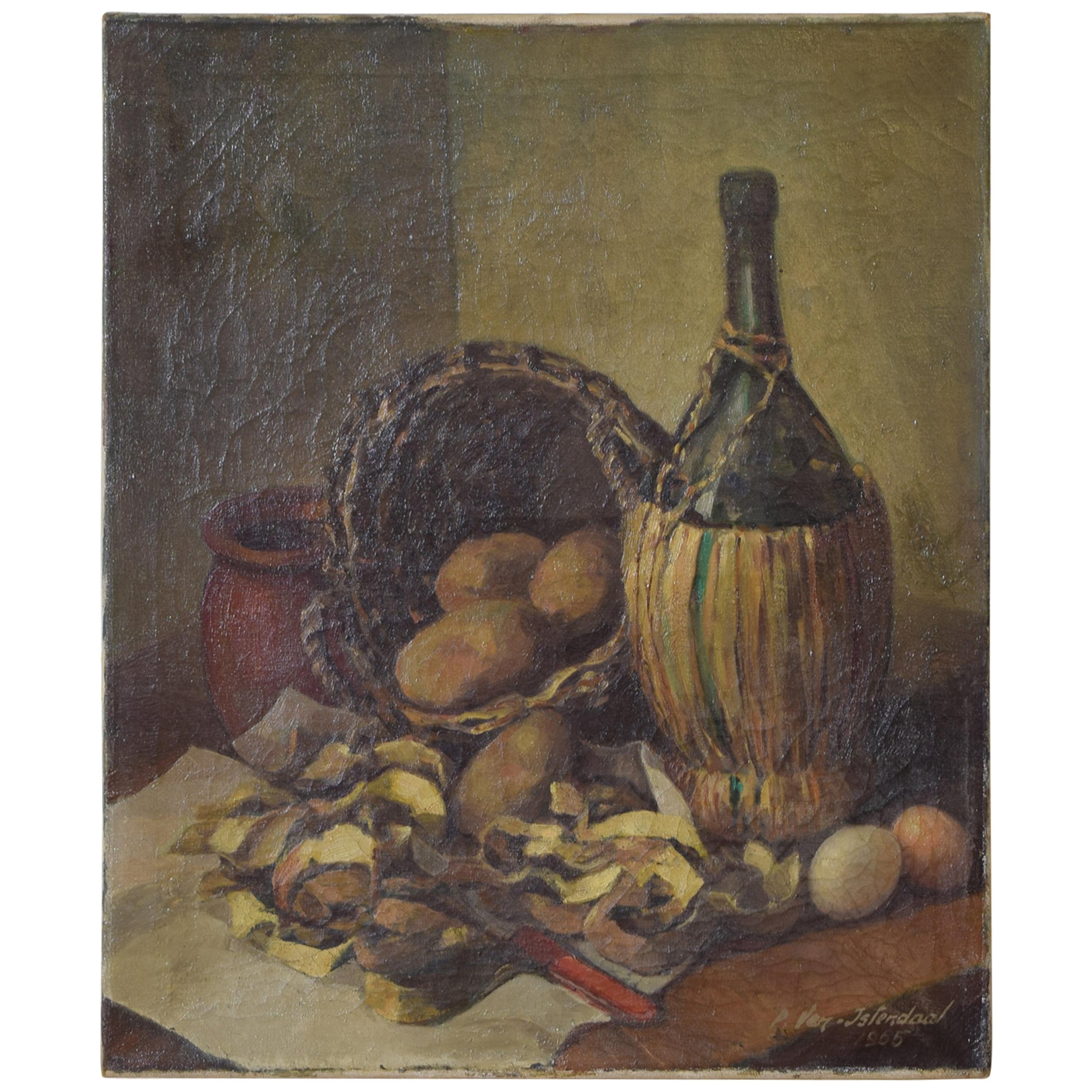 Oil on Canvas, Still Life with Wine Bottle, Signed Islendaal, circa 1965