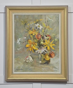 Oil on Canvas Still Life with Yellow Flowers and Fruit