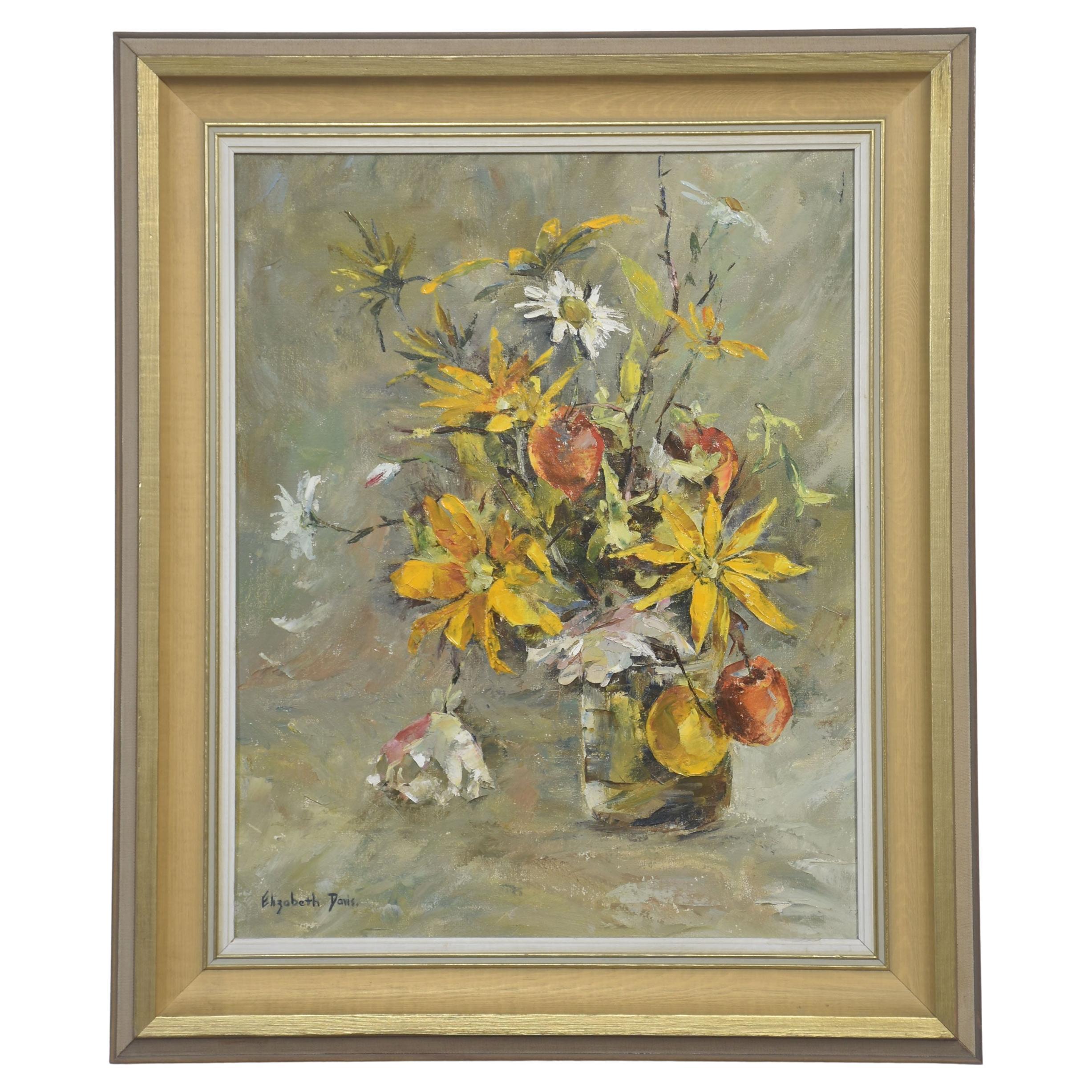 Huile sur toile Nature morte aux fleurs et fruits jaunes en vente