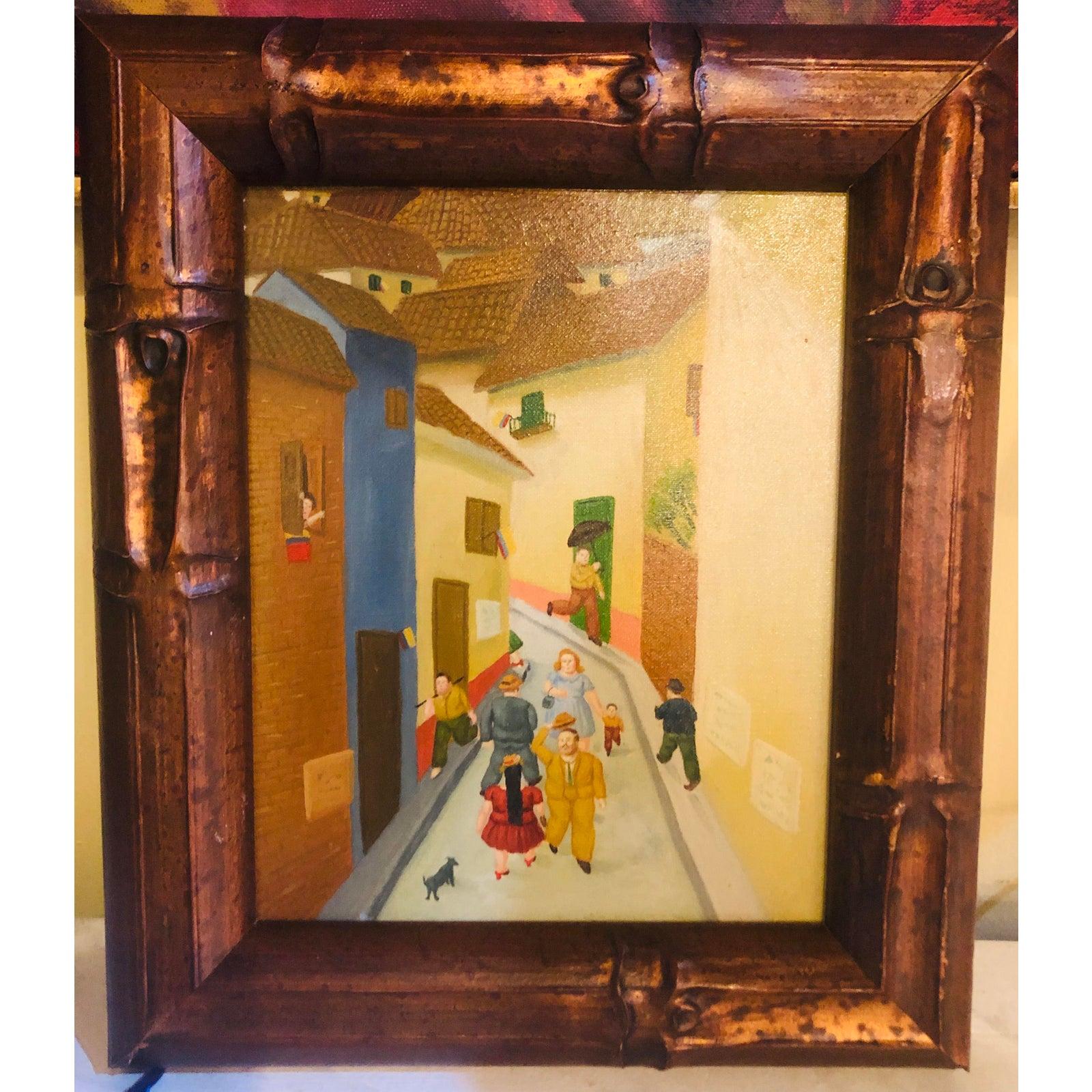 Oil on canvas street scene
The painting features a scene street of a family in a vibrant street. The wood frame is nicely carved. This painting is delightful and will add warmth and a touch of life to your wall decor.  

Dimensions: Framed 13.5
