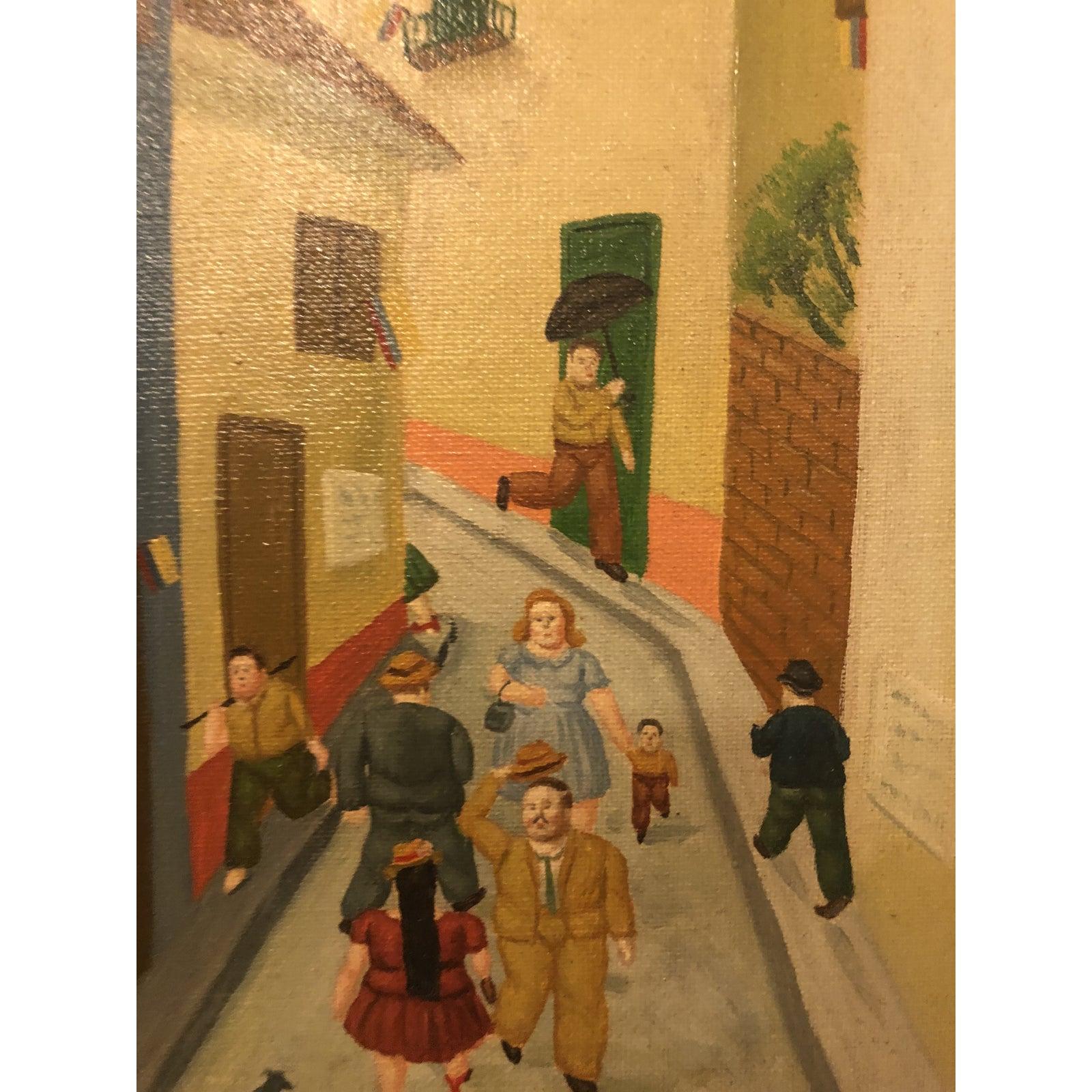 Oil on Canvas Street Scene, Framed In Good Condition In Plainview, NY