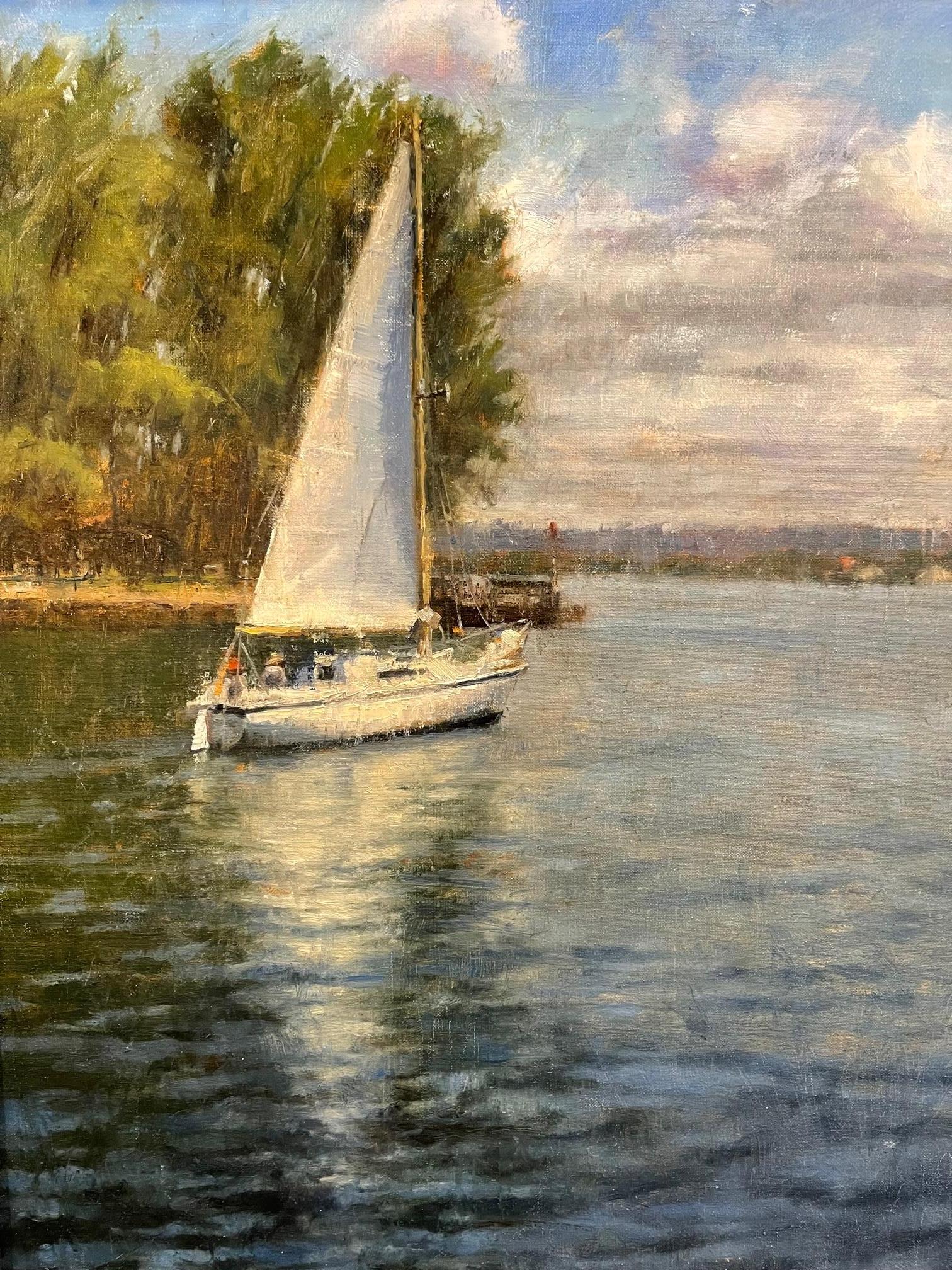 Américain Huile sur toile « Sailing Summer Sailing » représentant une scène de voile par Sue Foell en vente