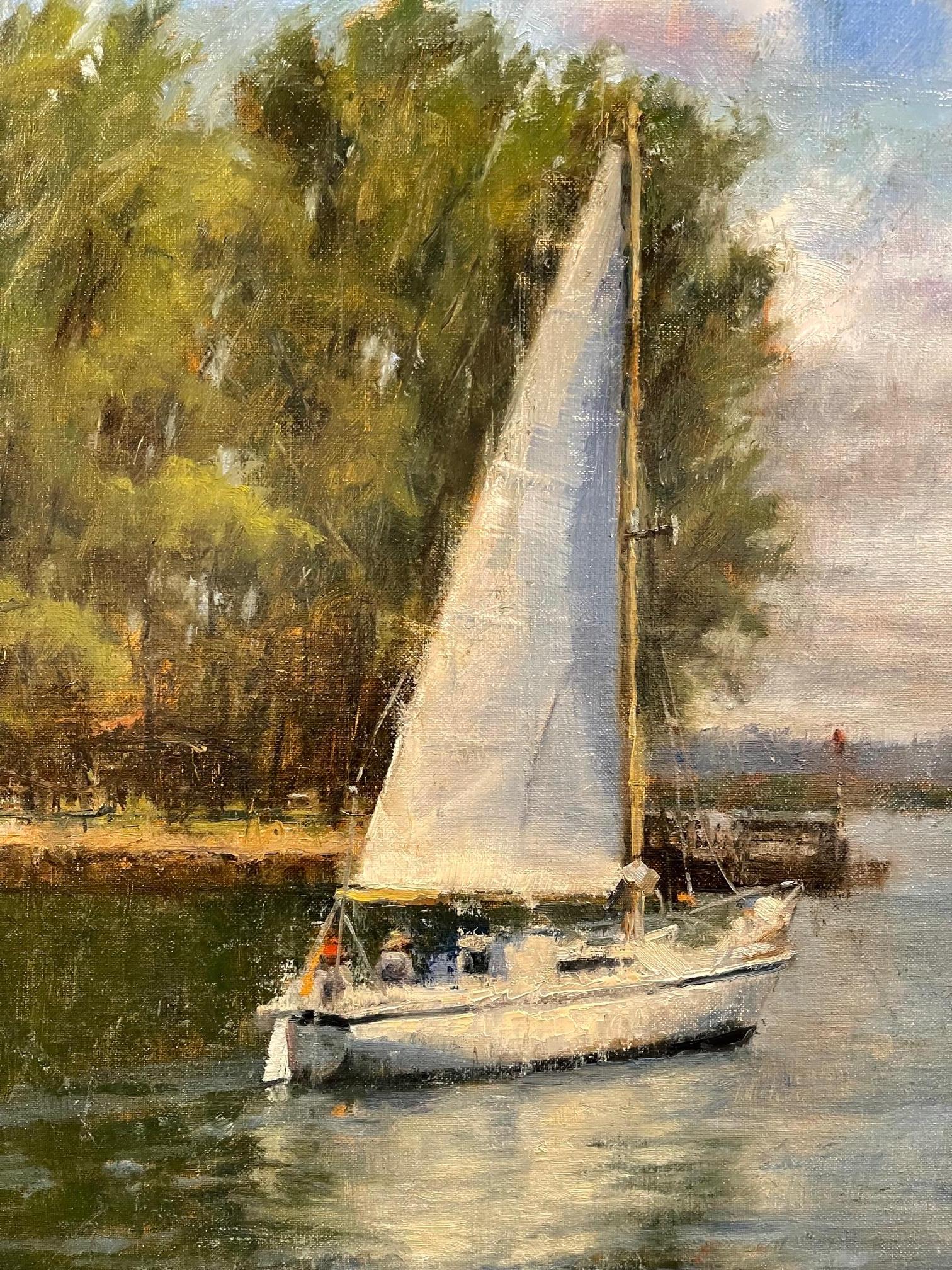 Huile sur toile « Sailing Summer Sailing » représentant une scène de voile par Sue Foell Neuf - En vente à Savannah, GA