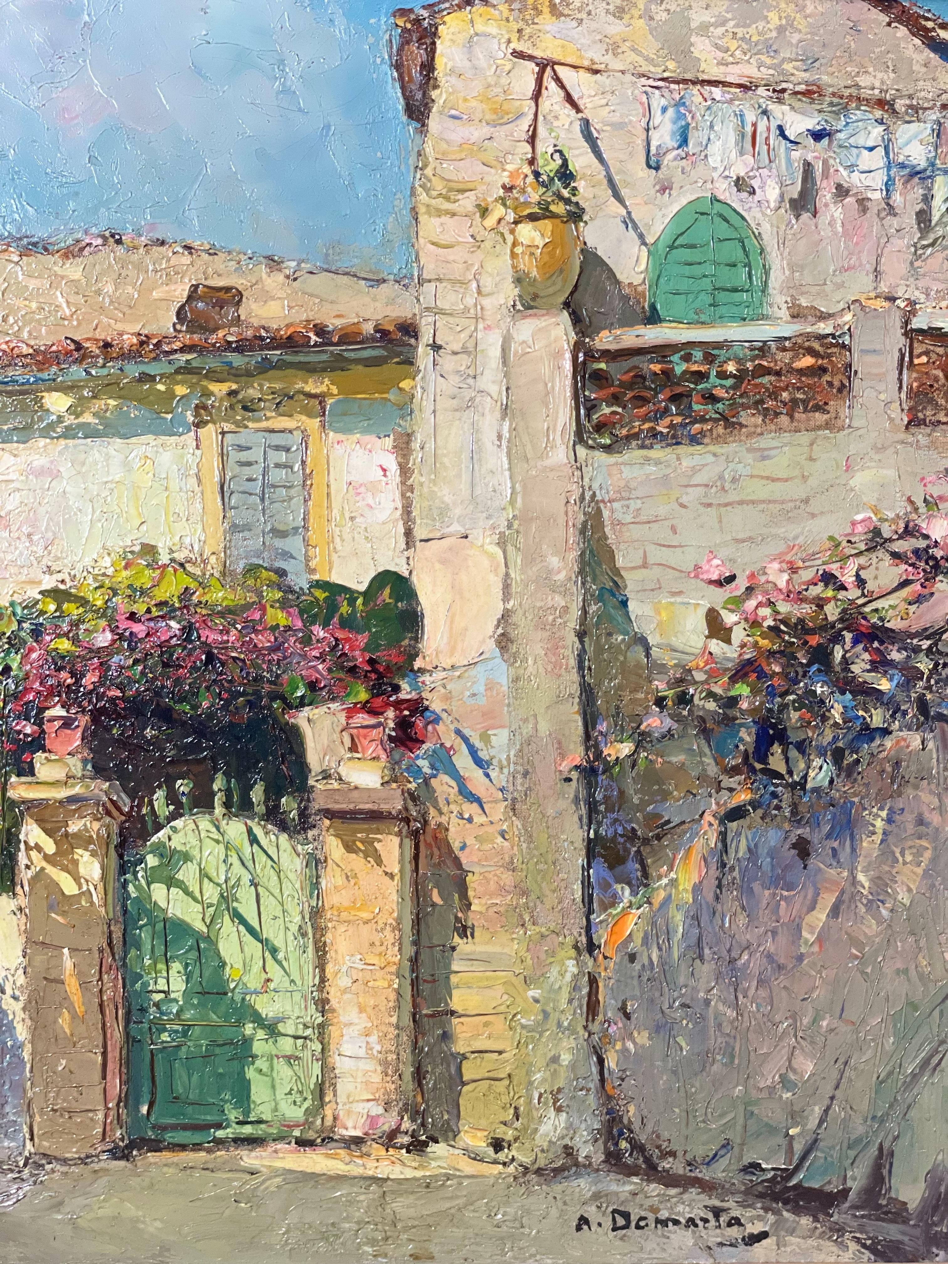 Öl auf Leinwand, Sonnenbeschienenes Haus am Meer an der französischen Riviera, von Alain Demarta im Angebot 5