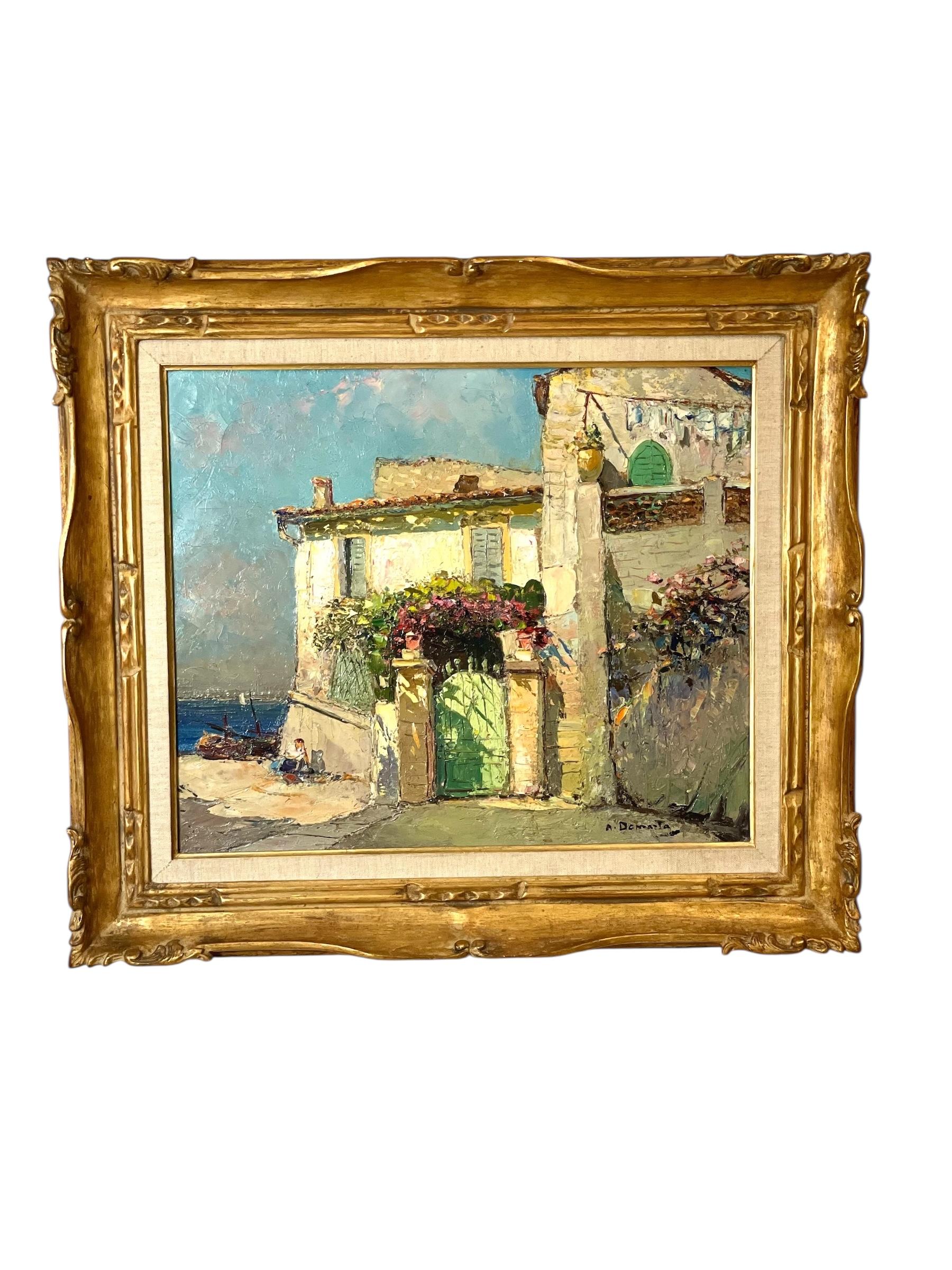 Öl auf Leinwand, Sonnenbeschienenes Haus am Meer an der französischen Riviera, von Alain Demarta im Angebot 8