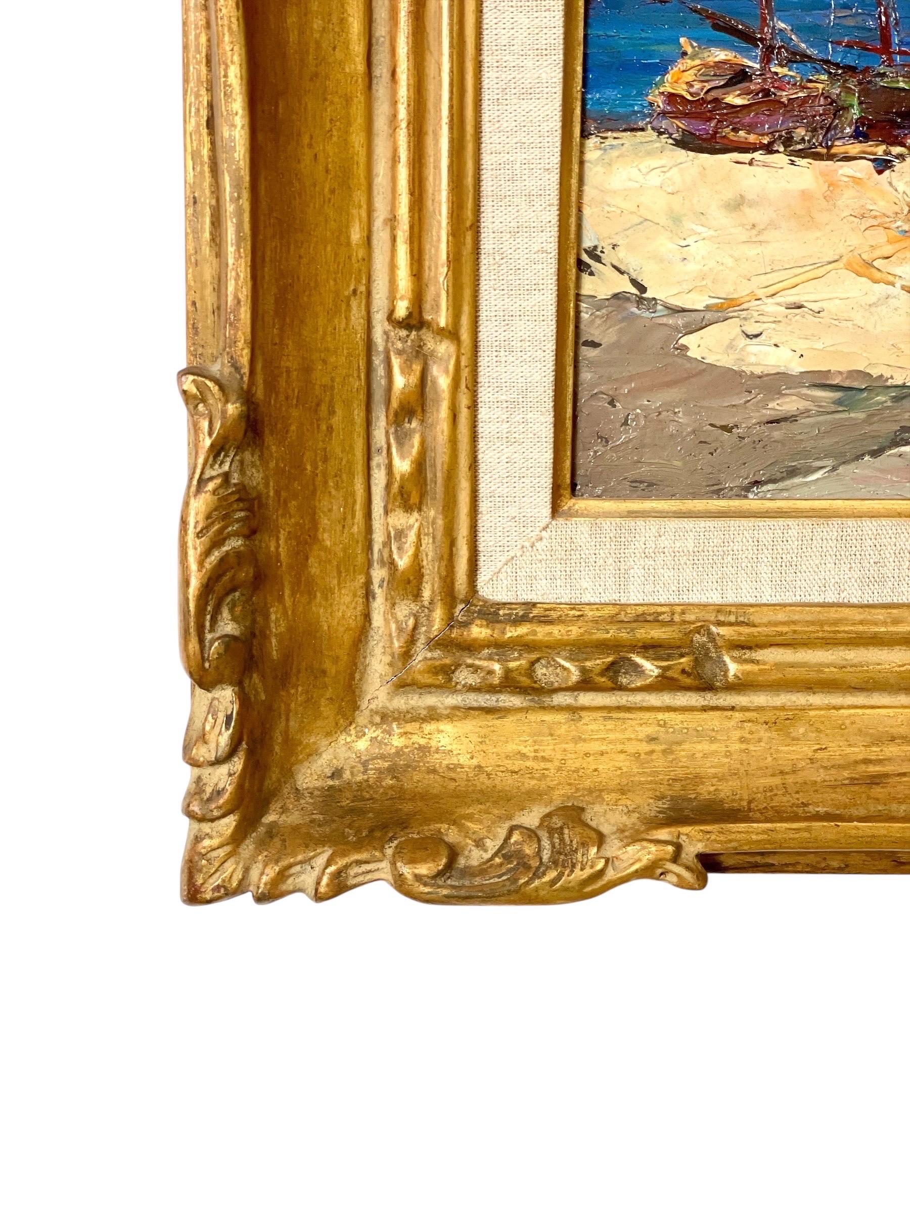 Öl auf Leinwand, Sonnenbeschienenes Haus am Meer an der französischen Riviera, von Alain Demarta (Vergoldet) im Angebot