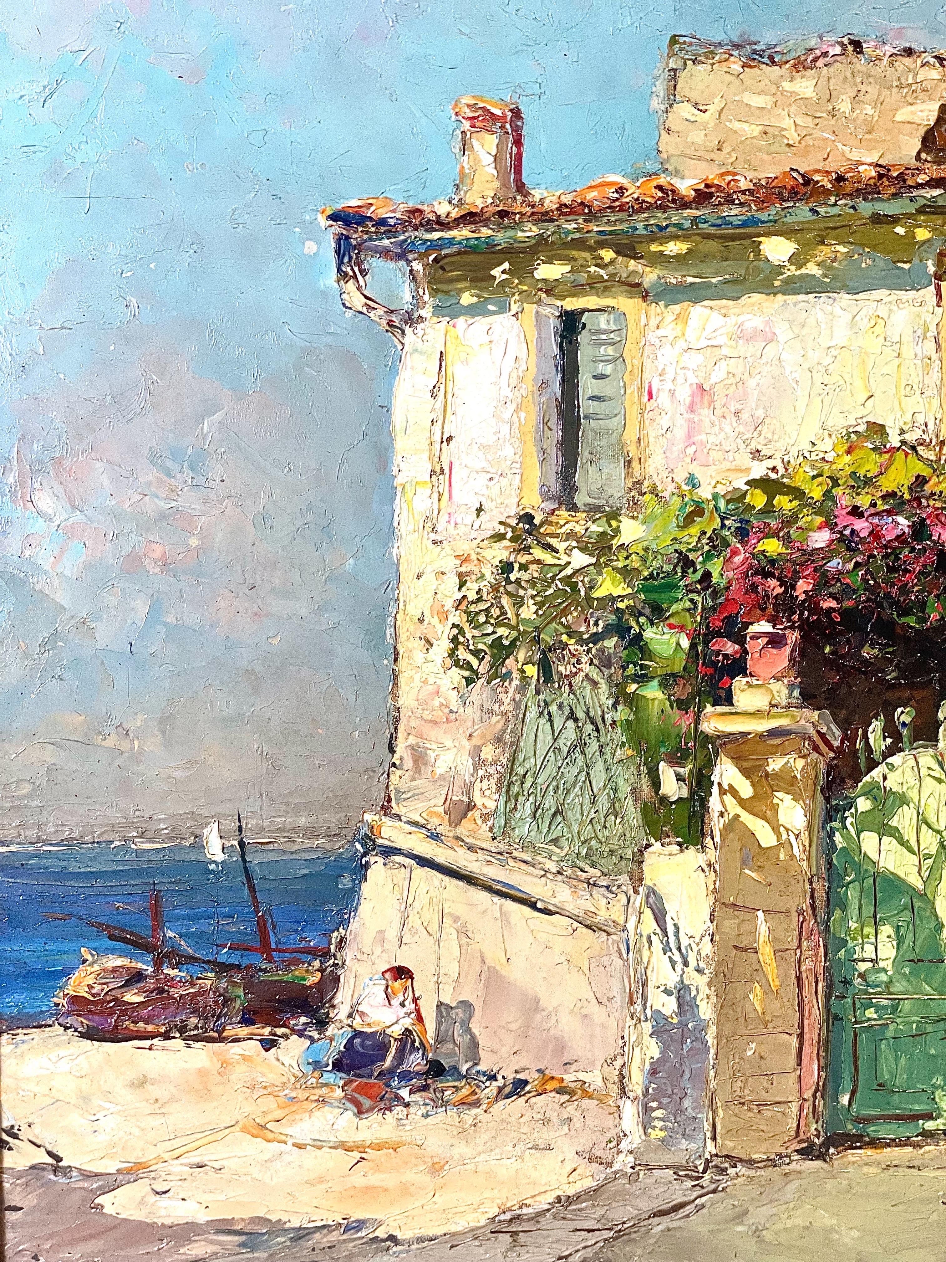 Öl auf Leinwand, Sonnenbeschienenes Haus am Meer an der französischen Riviera, von Alain Demarta (20. Jahrhundert) im Angebot