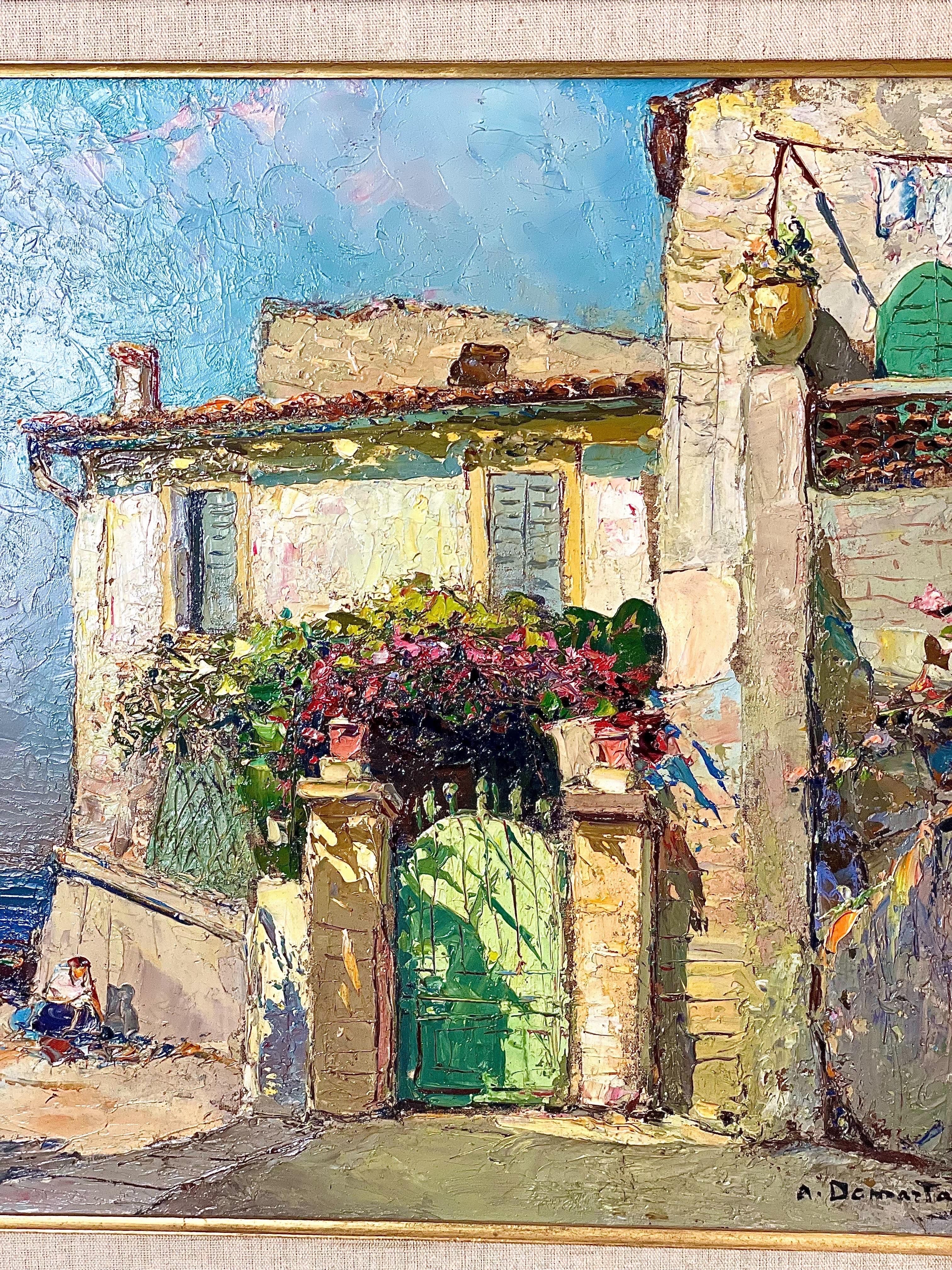 Öl auf Leinwand, Sonnenbeschienenes Haus am Meer an der französischen Riviera, von Alain Demarta im Angebot 3