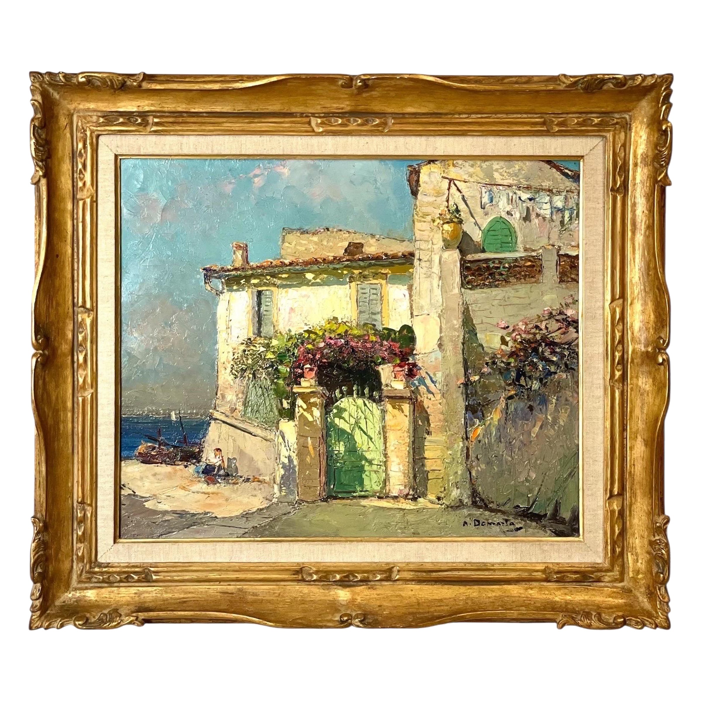 Huile sur toile, Maison de la Côte d'Azur ensoleillée au bord de la mer, par Alain Demarta