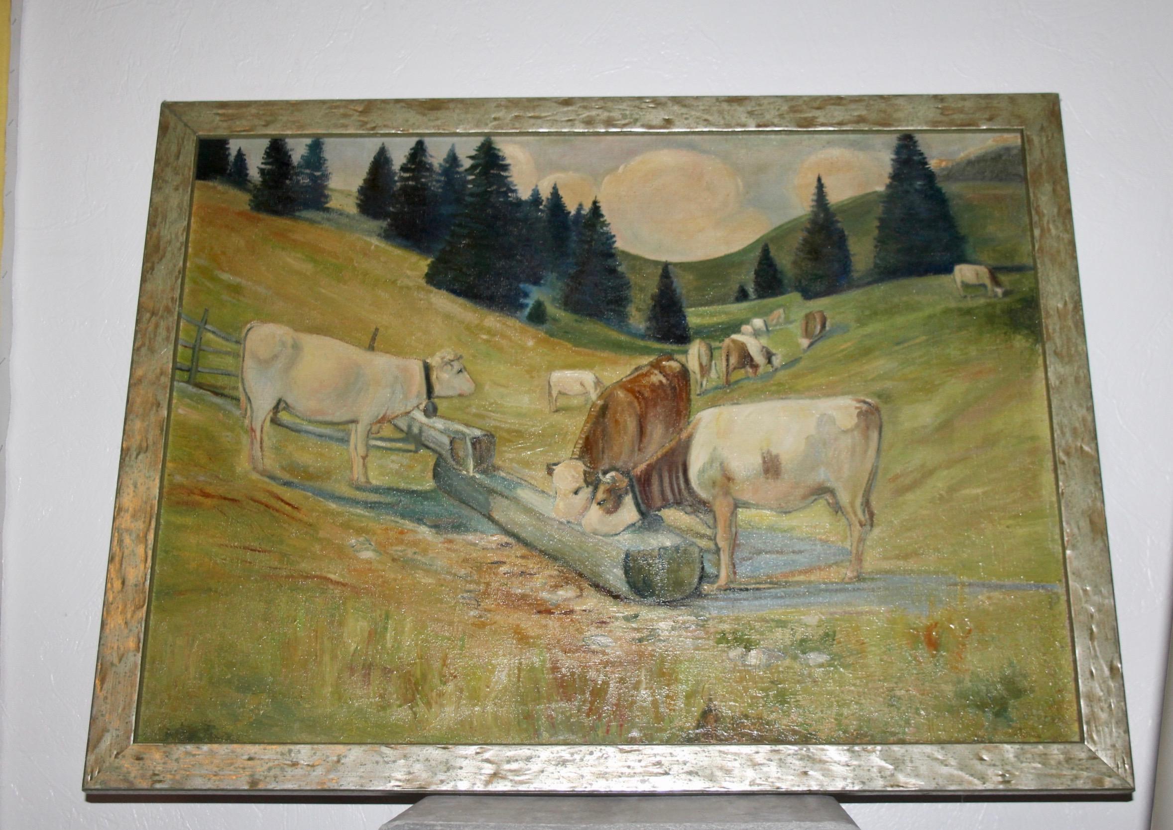 Quadro dell'alpe svizzero mucca in un territorio alpino