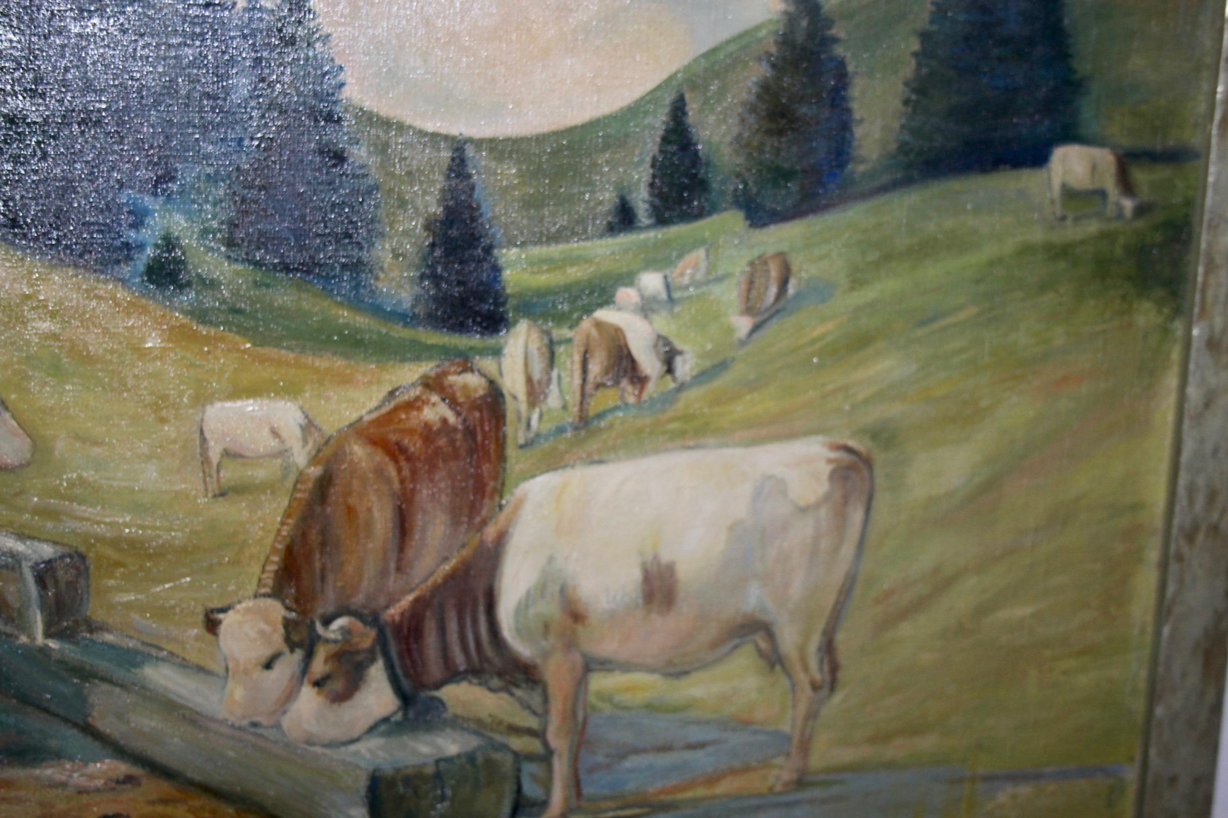 Olio su tela Mucca alpina svizzera In condizioni buone in vendita a grand Lancy, CH