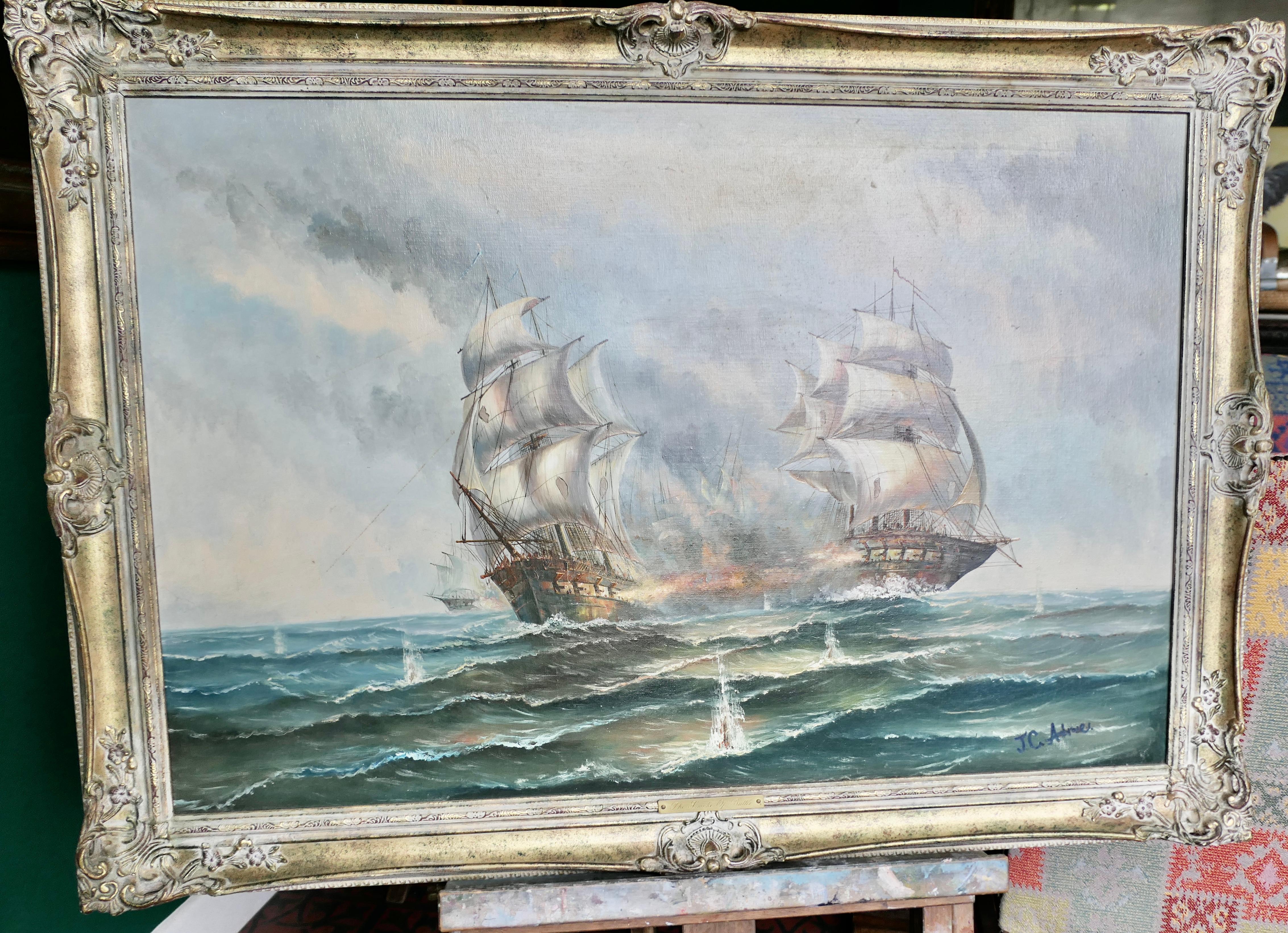 Oil on Canvas The Smoke 0f Battle signed J.C.Ambrose

This is a Large Oil Painting on canvas, it is framed and has a brass plaque with the title of the painting
Painted in the 20th Century, and well executed, a handsome piece

The Framed Painting is