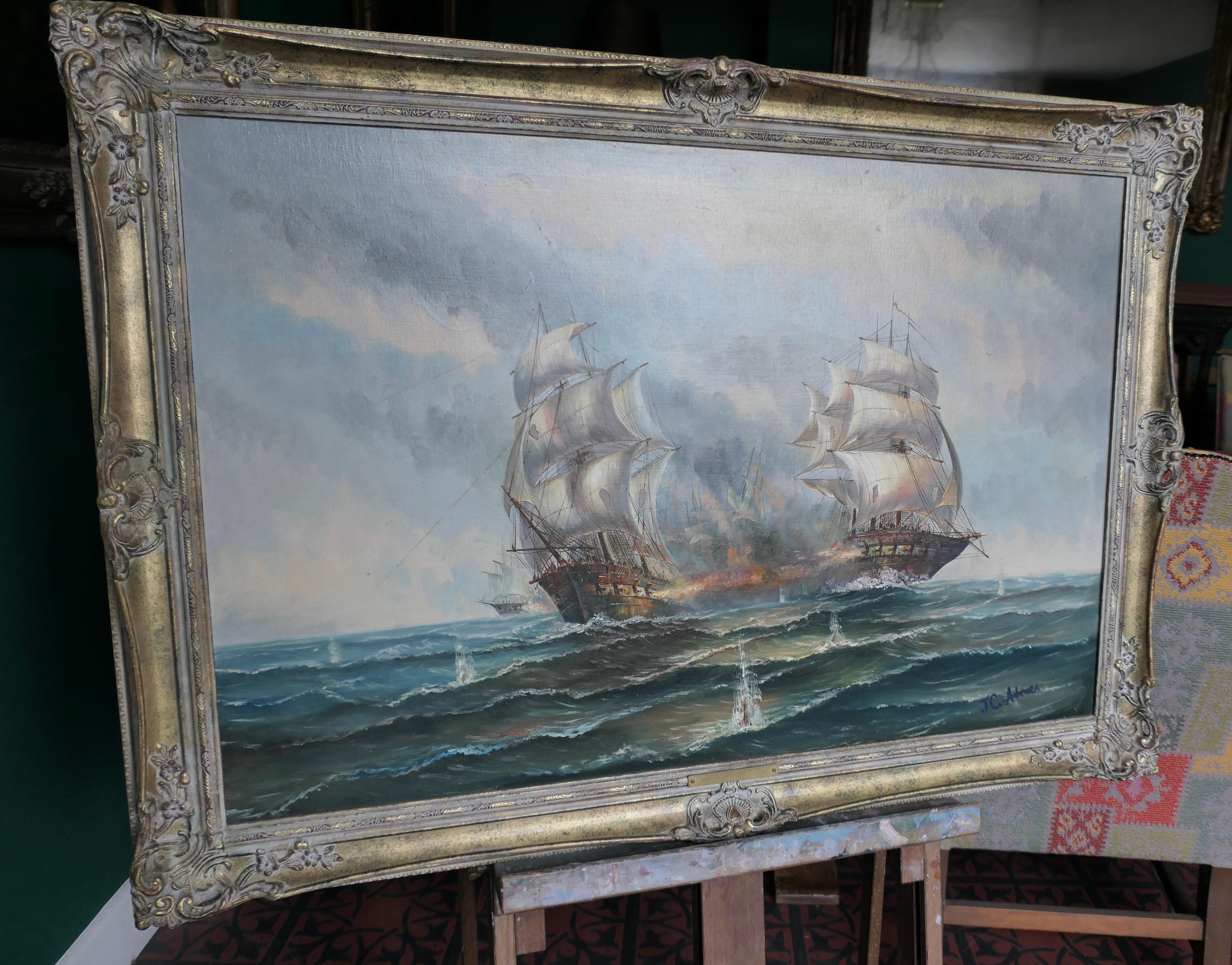 British Colonial Oil on Canvas The Smoke 0f Battle signed J.C.Ambrose For Sale