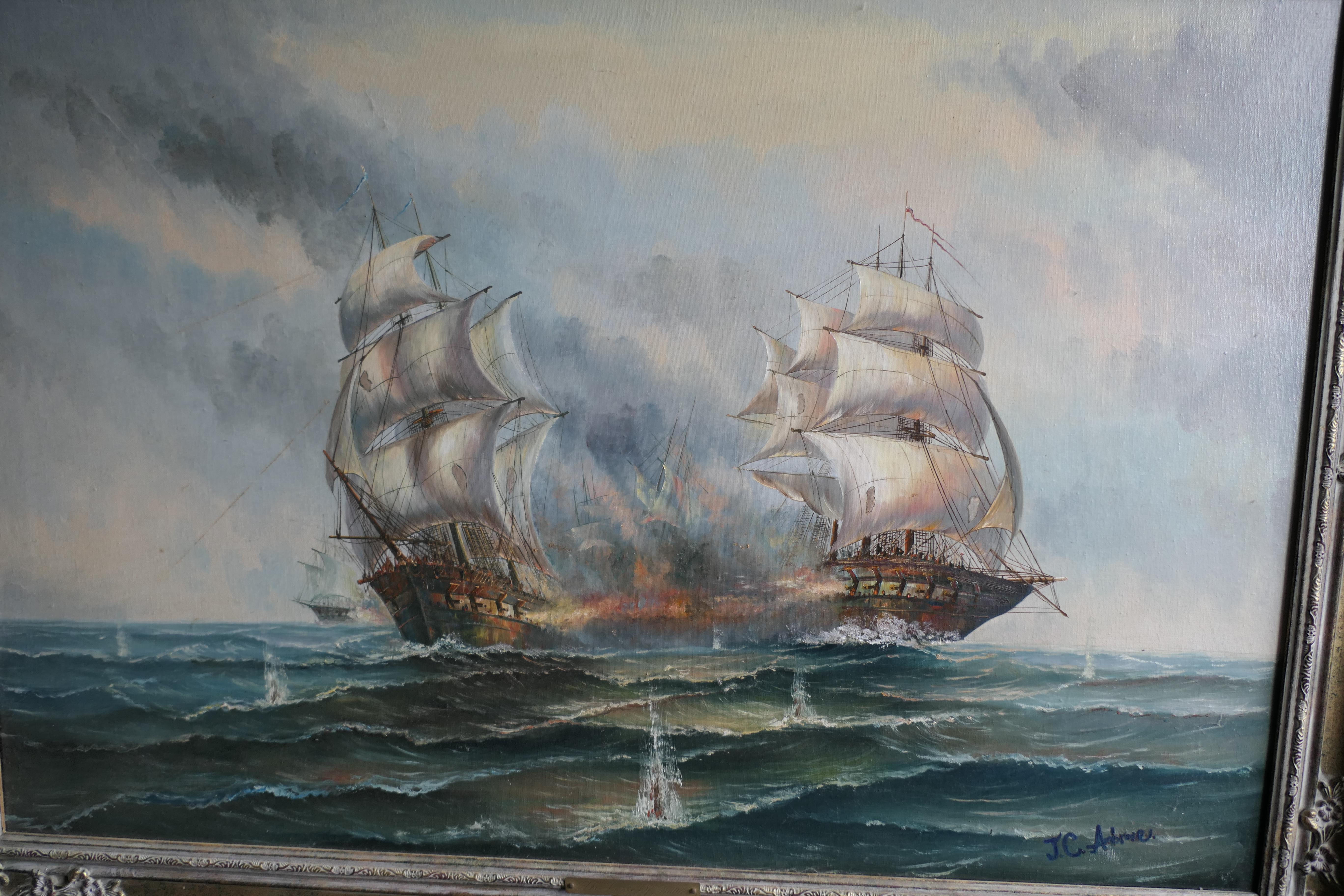 Oil on Canvas The Smoke 0f Battle signed J.C.Ambrose For Sale 2