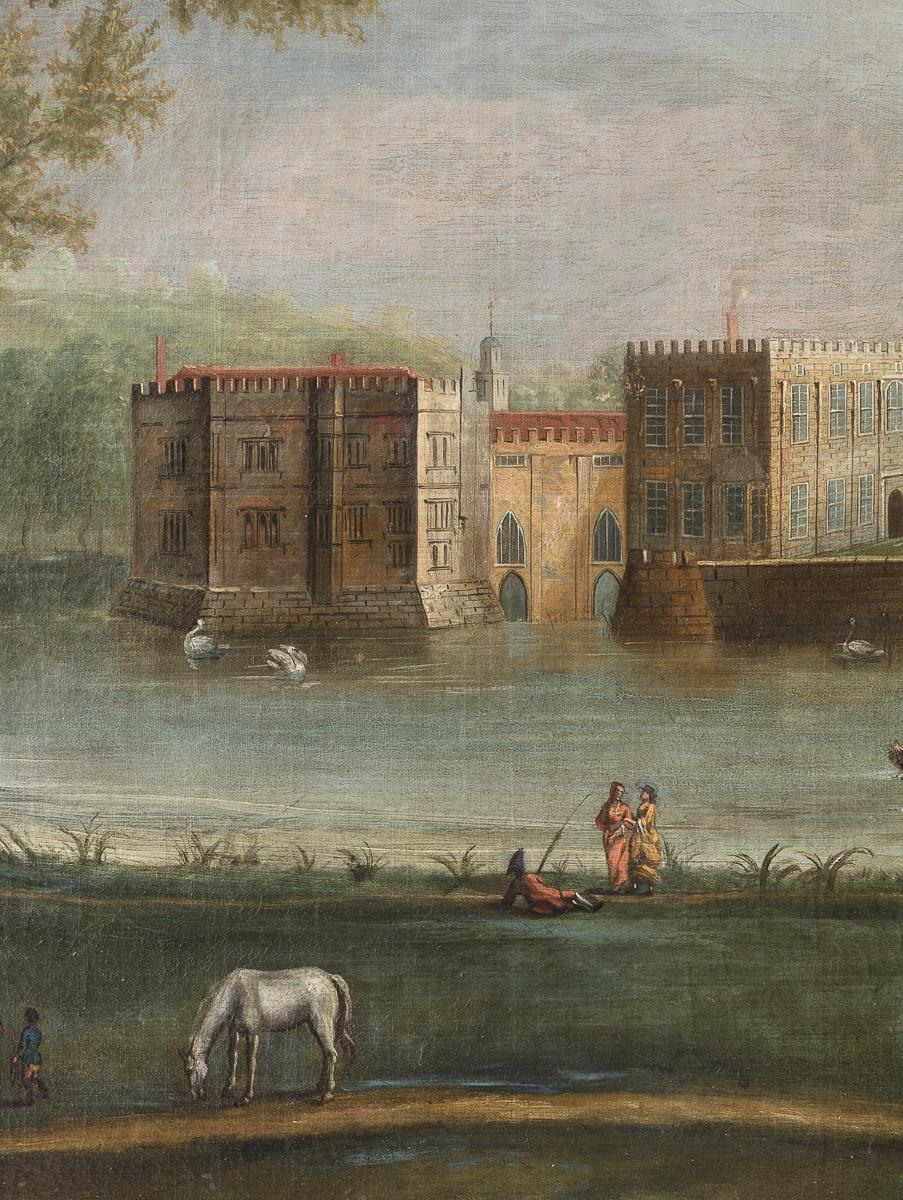 Diese sorgfältig beobachtete Ansicht von Leeds Castle, die von einer Reihe von Figuren und Tieren belebt wird, die sich durch den grünen Park und den mittelalterlichen Wassergraben bewegen, ist ein wichtiges Zeugnis des Aussehens des Gebäudes nach