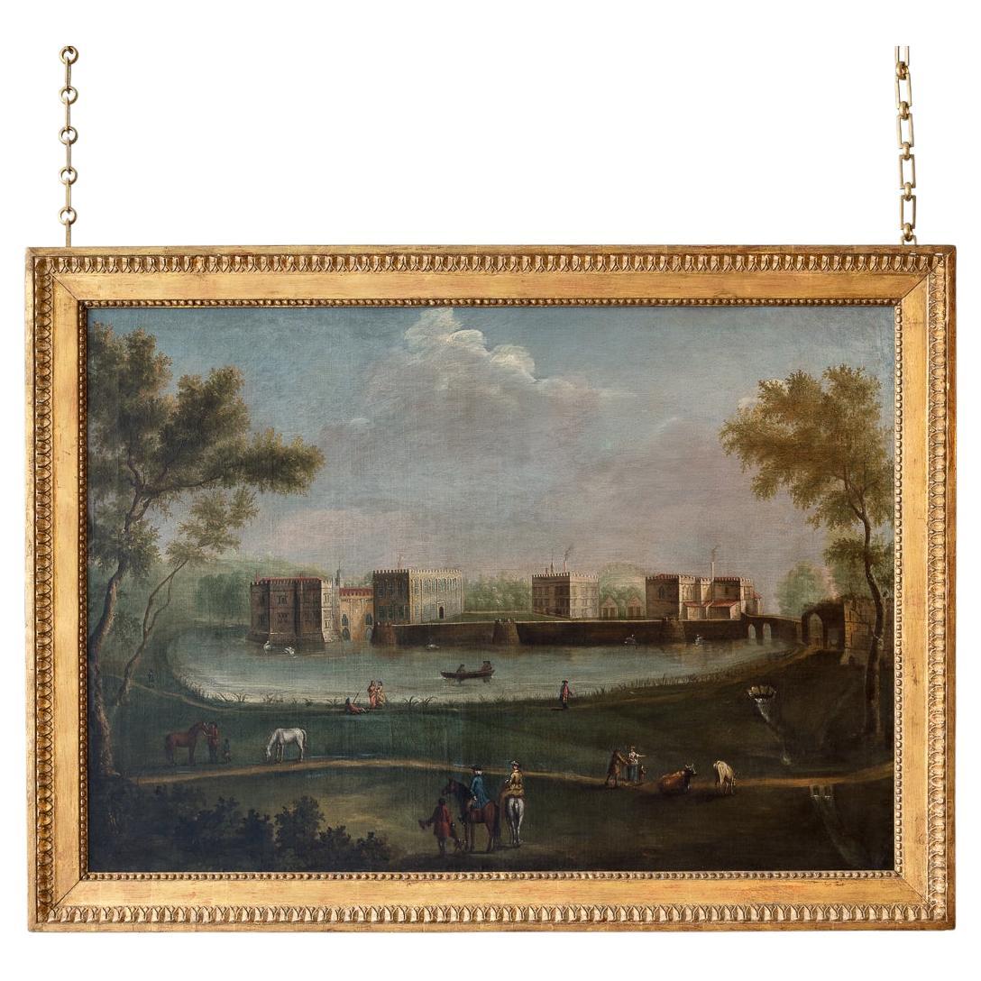 Olio su tela; La prospettiva ovest del castello di Leeds, Kent, 18° secolo.