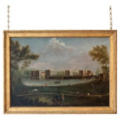 Olio su tela; La prospettiva ovest del castello di Leeds, Kent, 18° secolo.