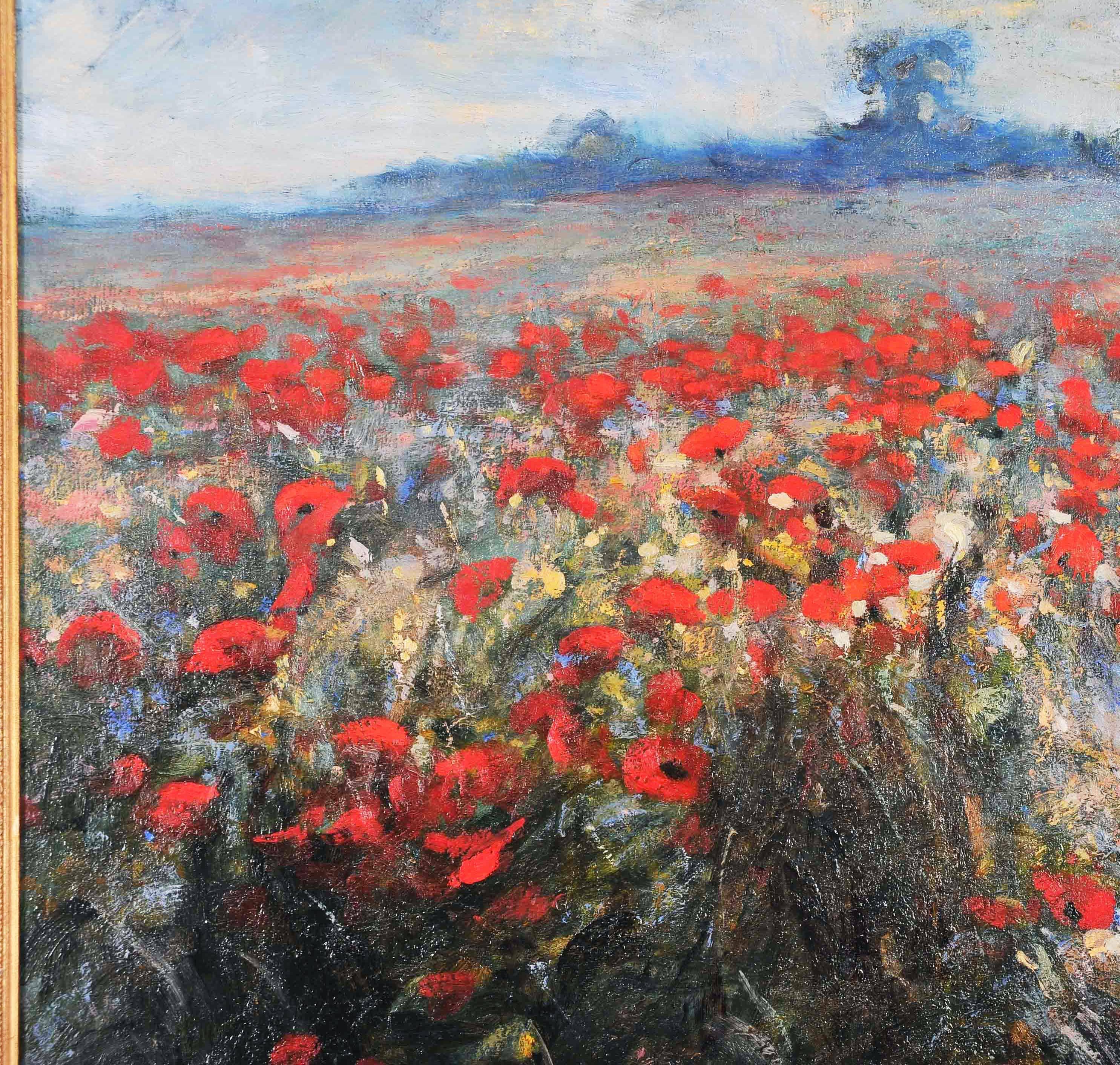 This beautiful and vivid oil on canvas painting is titled ‘Poppies’ and was painted by Jan Wanat, a contemporary Polish artist. The painting depicts a vast swath of brightly colored poppies against a pale blue landscape, set in a decorative gilt
