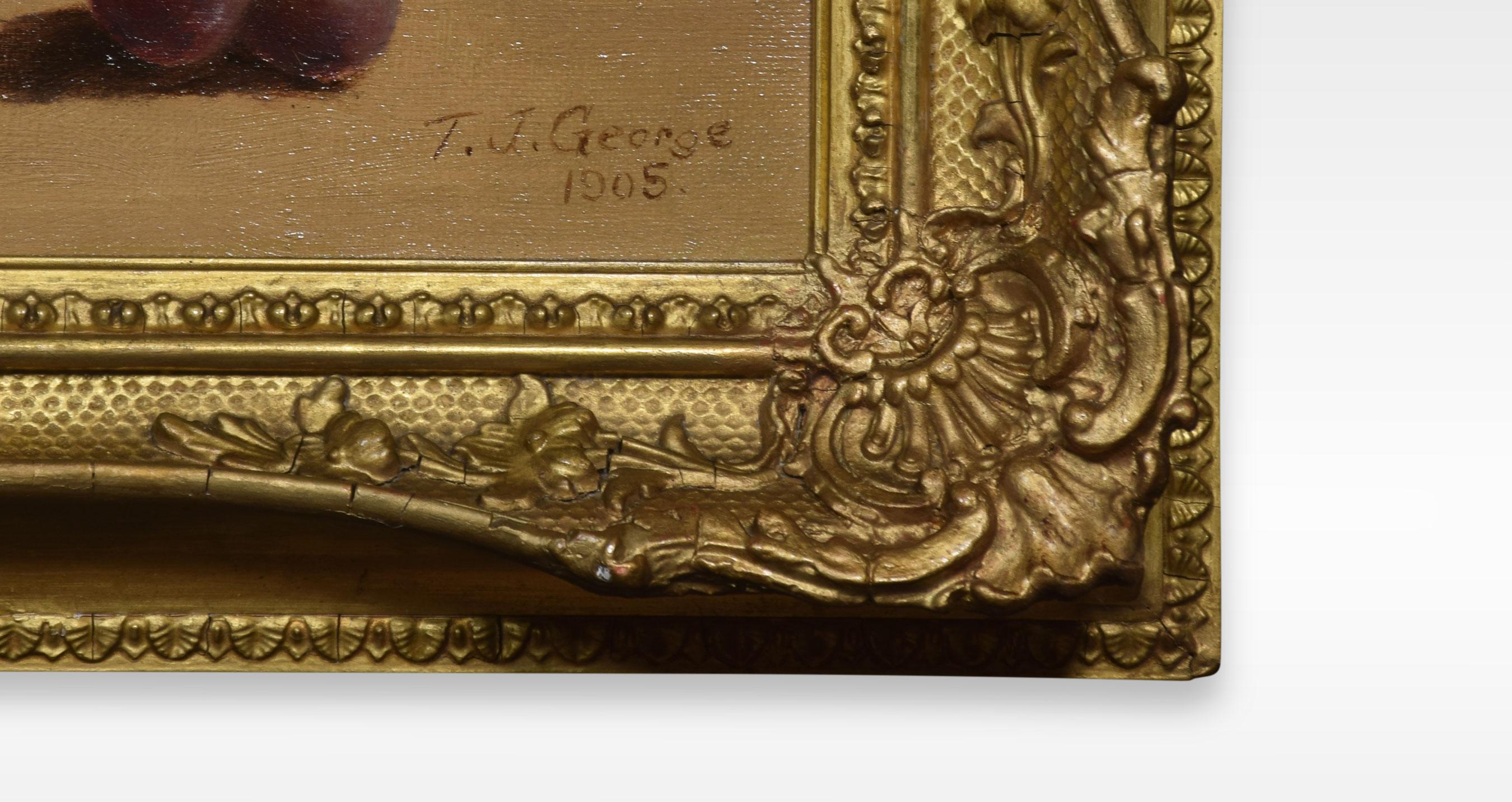 Still life of grapes signed T.J. George, encased in a gilt frame.
Dimensions:
Height 16.5 inches
Width 24.5 inches
Depth 2 inches.