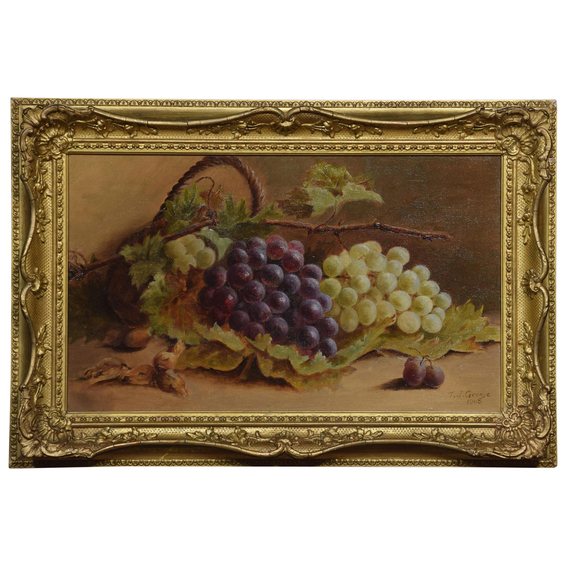 Huile sur toile T.J. George Nature morte aux raisins en vente