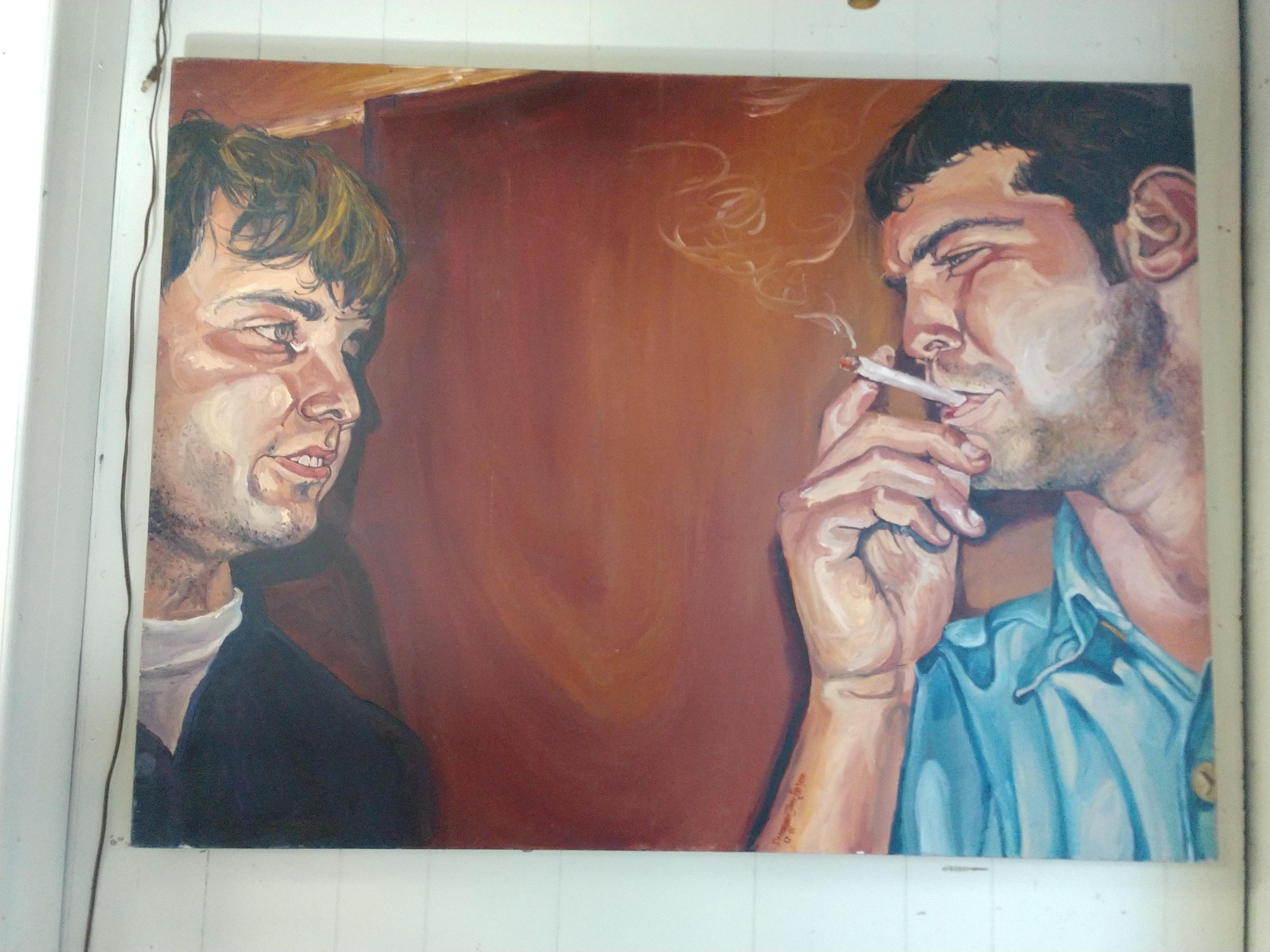 Grande représentation de deux hommes, dont l'un fume. Huile sur toile, signée Danielle Jaffe Ellason. Mesures : 48 x 36 x 2.