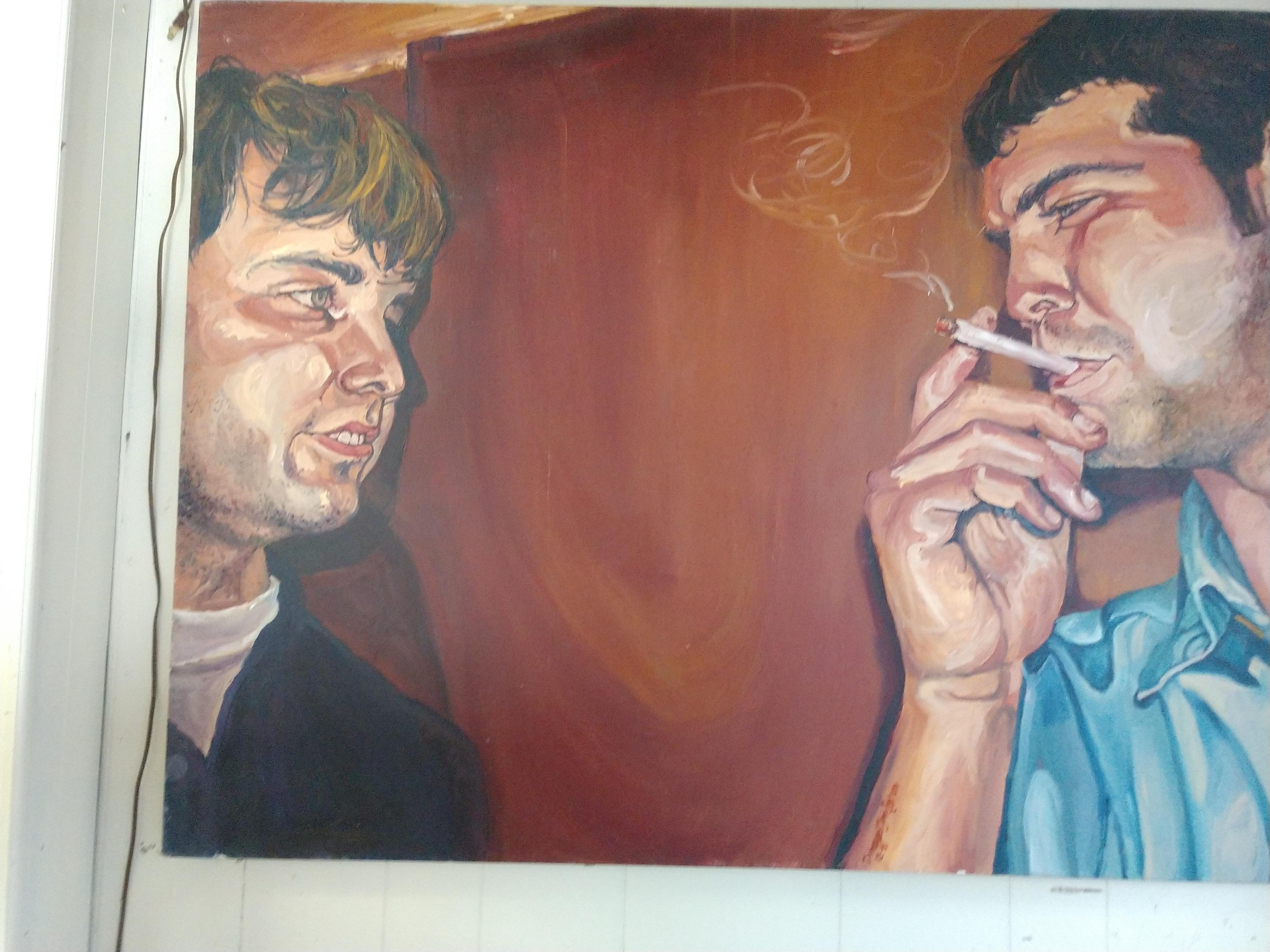Expressionniste Huile sur toile « Two Men Smoking » (deux hommes fumant) par Danielle Jaffe Ellason en vente