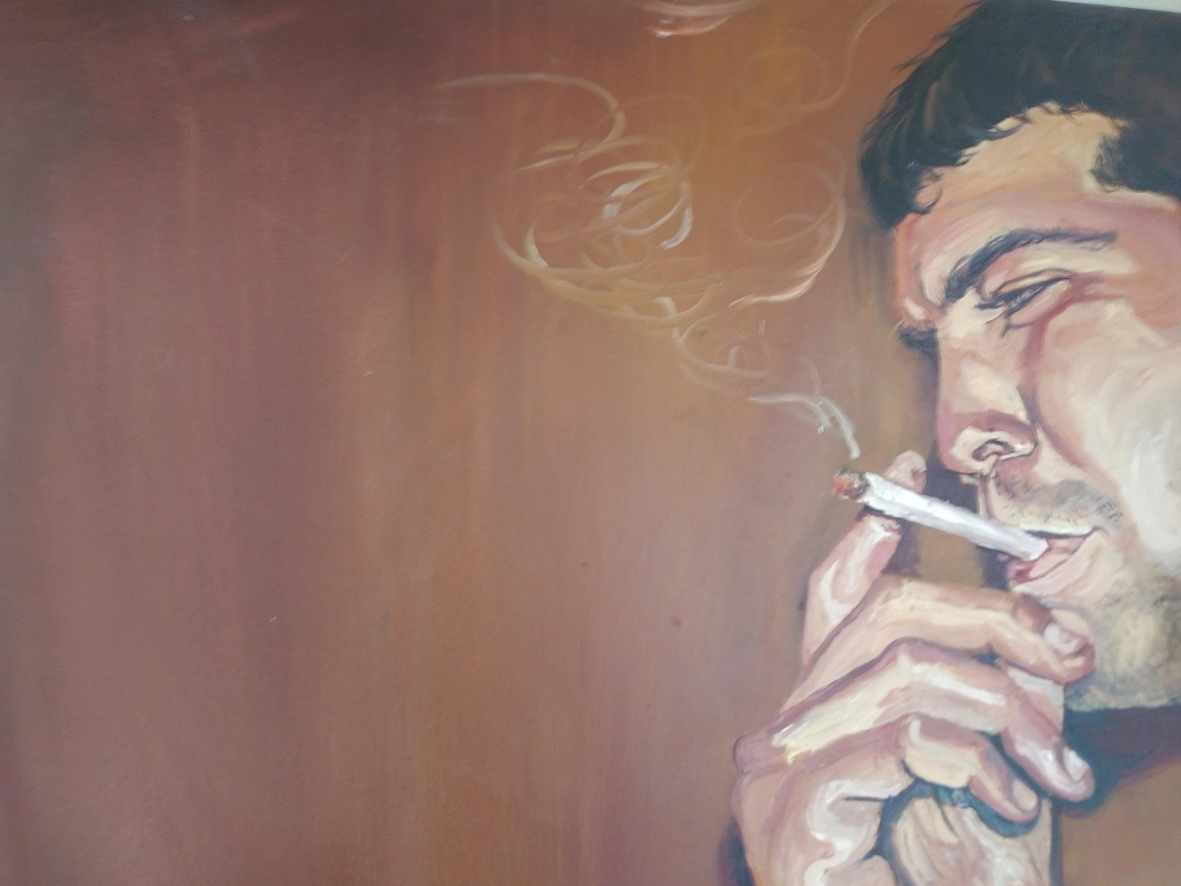 Américain Huile sur toile « Two Men Smoking » (deux hommes fumant) par Danielle Jaffe Ellason en vente