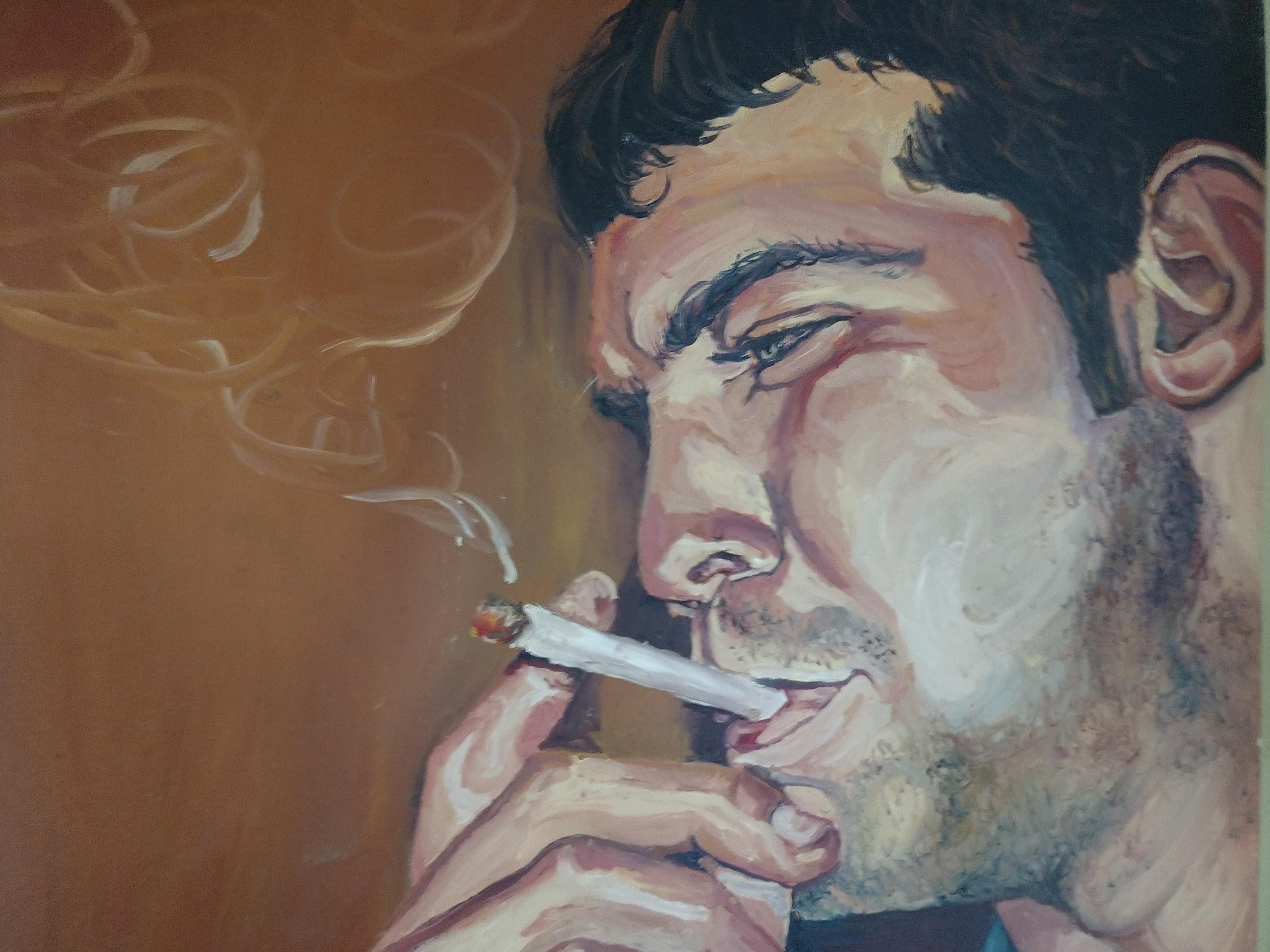 American Oil on Canvas Two Men Smoking by Danielle Jaffe Ellason For Sale