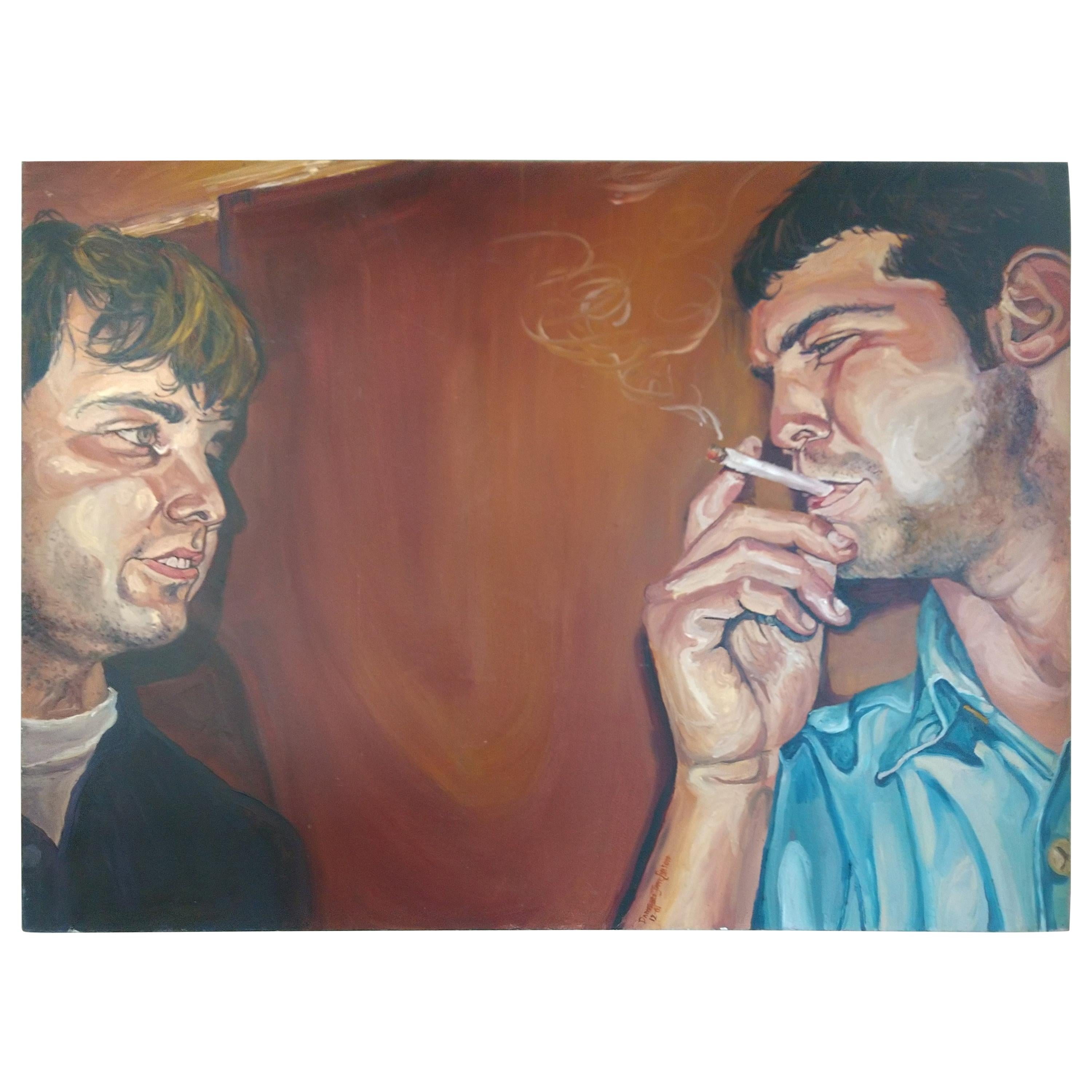 Oil on Canvas Two Men Smoking by Danielle Jaffe Ellason For Sale