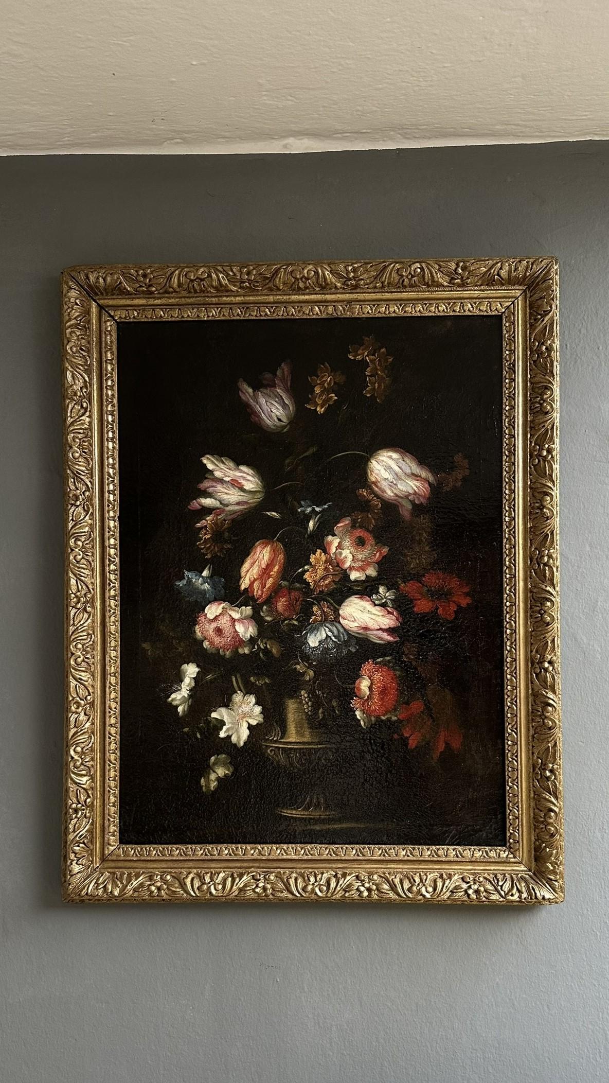 Oil on canvas, Vase of Flowers by Francesco Caldei, known as Francesco Mantovani, Mantua 1584-Venice 1674.

This is a painting created around 1600 by Francesco Caldei, known as Francesco Mantovano.
The oil on canvas painting depicts a chiseled metal