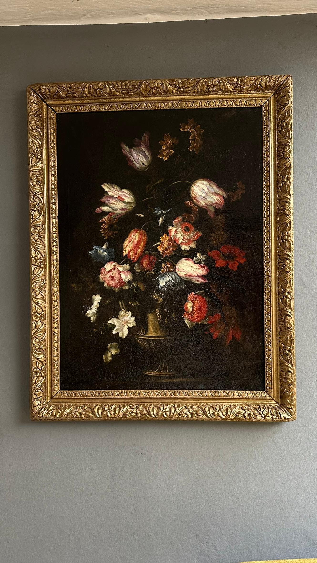 Baroque Oil on canvas, Vase of Flowers by Francesco Caldei known as Francesco Mantovani For Sale