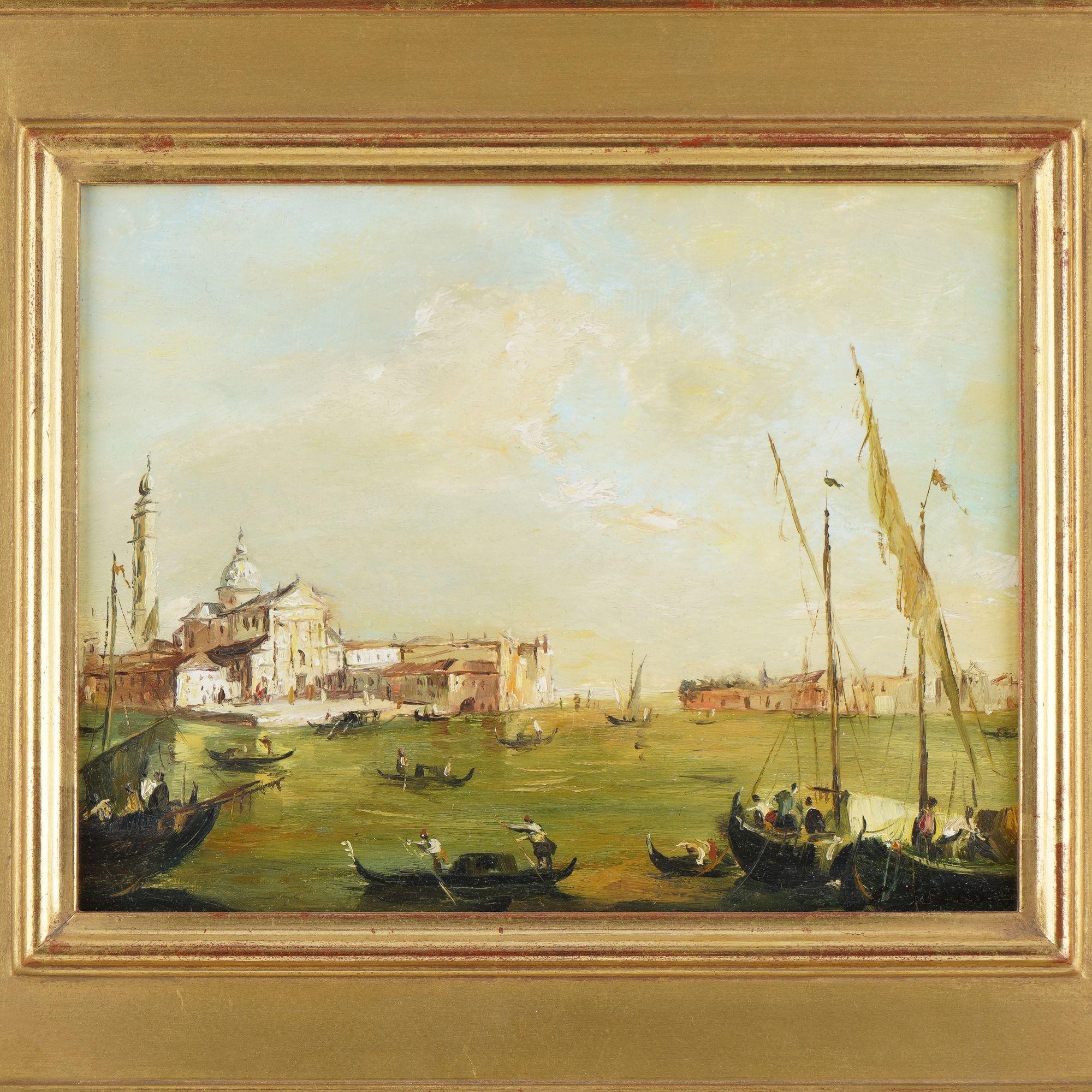 Vista al óleo sobre lienzo de San Giorgio Maggiore, Venecia, visto desde el otro lado del Gran Canal. El cuadro se ha limpiado, se ha reentelado el lienzo y se ha enmarcado con una moldura dorada. Se trata de un cuadro del siglo XIX realizado a