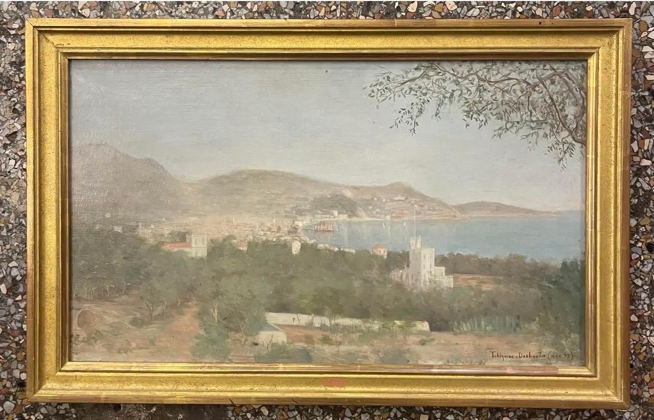 Öl auf Leinwand Vue Sur La Baie De Nice La Riviera Tchiquine Desboutin 1897, Ölgemälde (Französisch) im Angebot