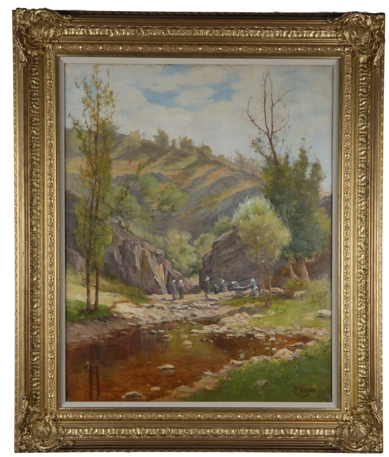 Oil on canvas of a rocky landscape with washerwomen working by water's edge.
Signed lower right, 'A. B. Laurens'.
In handmade and hand-gilded frame.