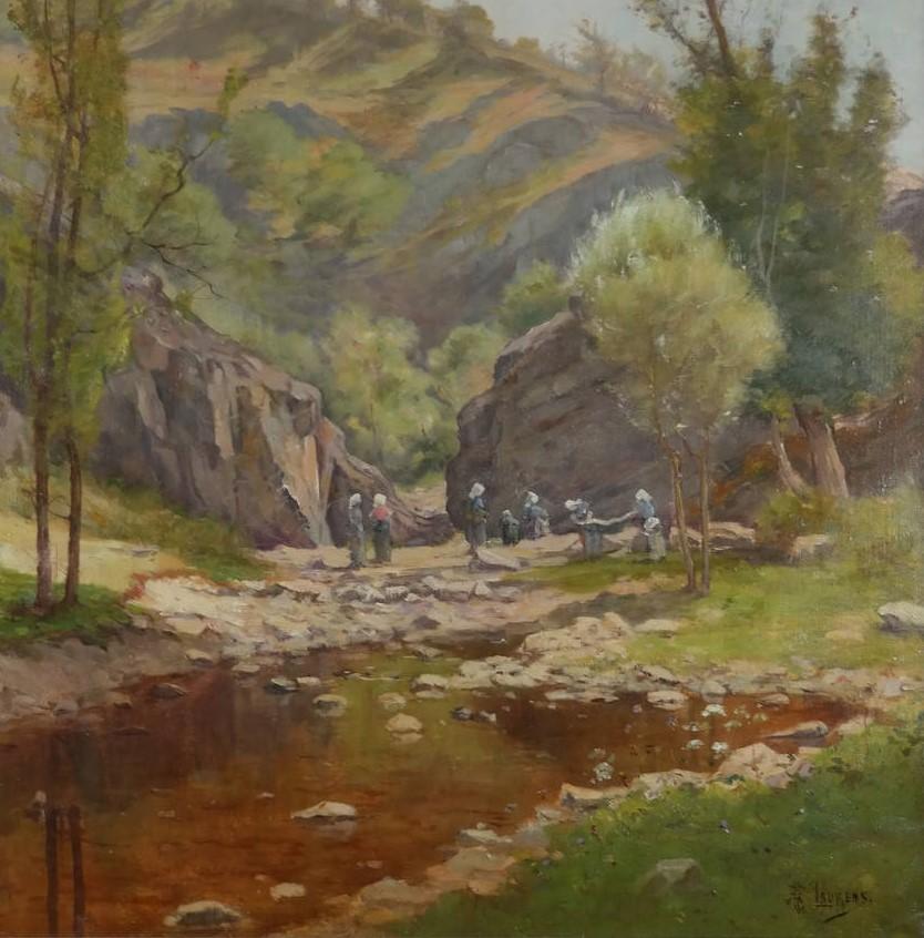 Great Britain (UK) Oil on Canvas, Washers in River Landscape Signed AB Laurens, English, circa 1880