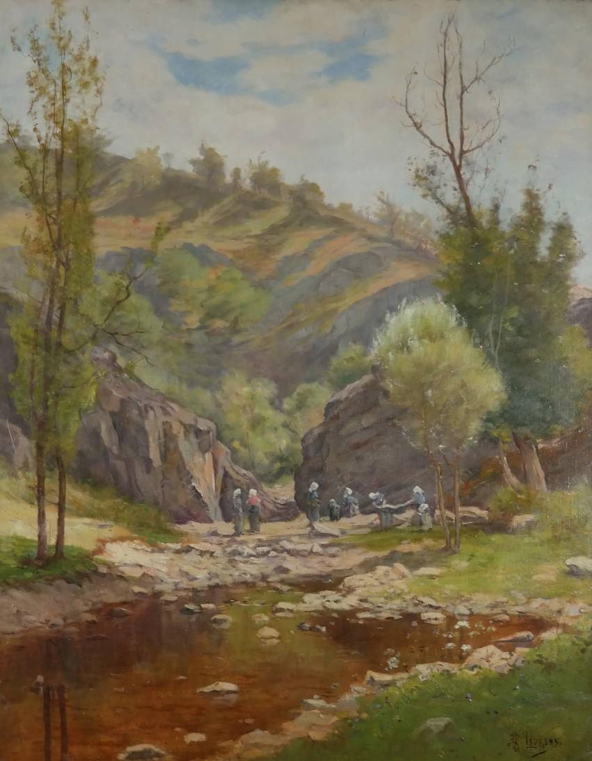 Hand-Painted Oil on Canvas, Washers in River Landscape Signed AB Laurens, English, circa 1880