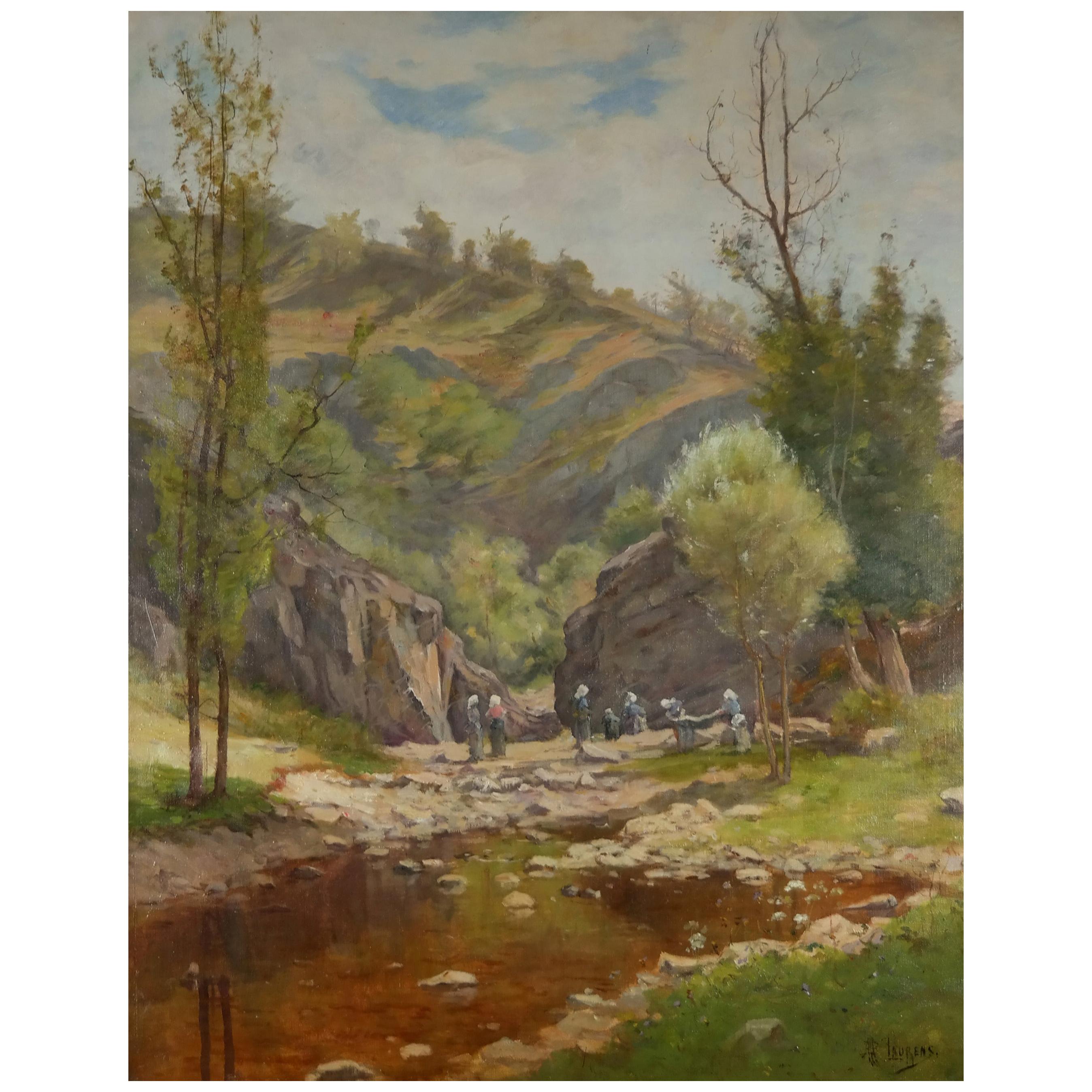 Oil on Canvas, Washers in River Landscape Signed AB Laurens, English, circa 1880