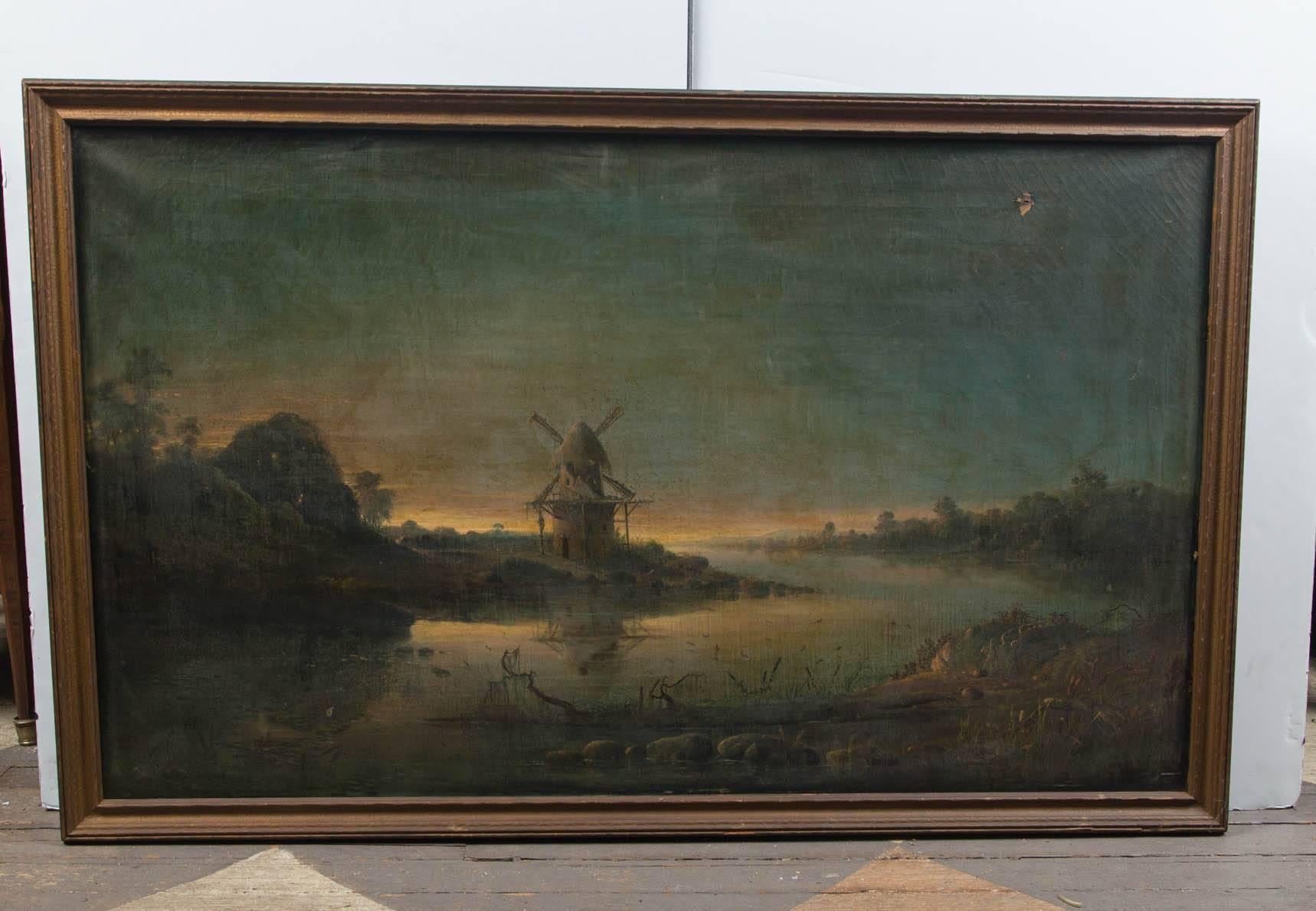 Signed and date G. Harrision, 1869 lower left.
English landscape with a river running past a windmill.
In as found condition. Small hole, upper right. In need of cleaning. Framed.
 