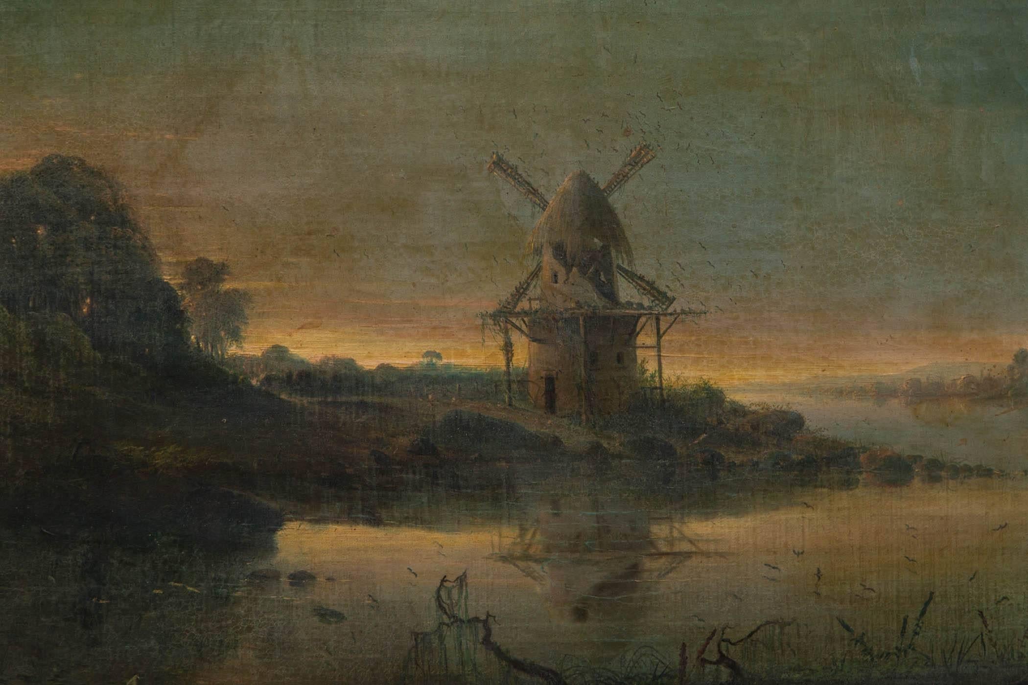 British Oil on Canvas, Windmill by the Water's Edge