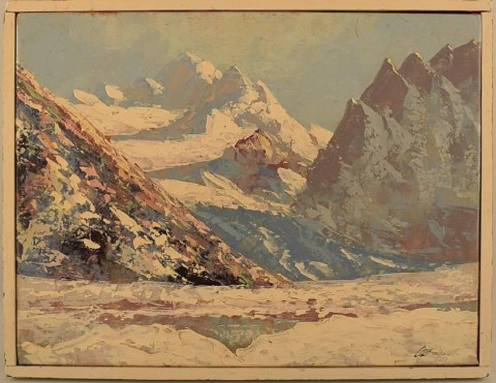 Oil on canvas. Winter mountain landscape, 1939.
In very good condition.
Indistinctly signed: C. Faber.
Measures: (ex. the frame) 42 x 32 cm. The frame measures 3 cm.