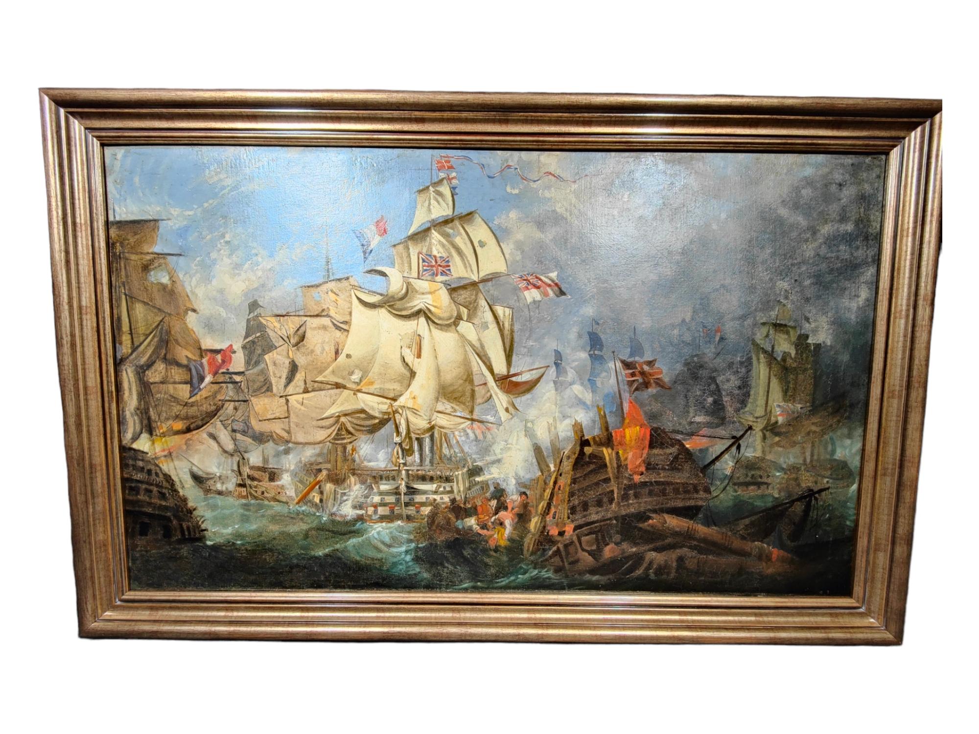 Oil On Canvas With The Battle Of Trafalgar 18th Century
LARGE 18th CENTURY OIL OF THE ENGLISH SCHOOL ON THE BATTLE OF TRAFALGAR.VERY GOOD QUALITY WITH AN EXCELLENT PERSPECTIVE AND A SCENE WITH A LOT OF MOVEMENT AND ENVELOPING.THE CANVAS IS