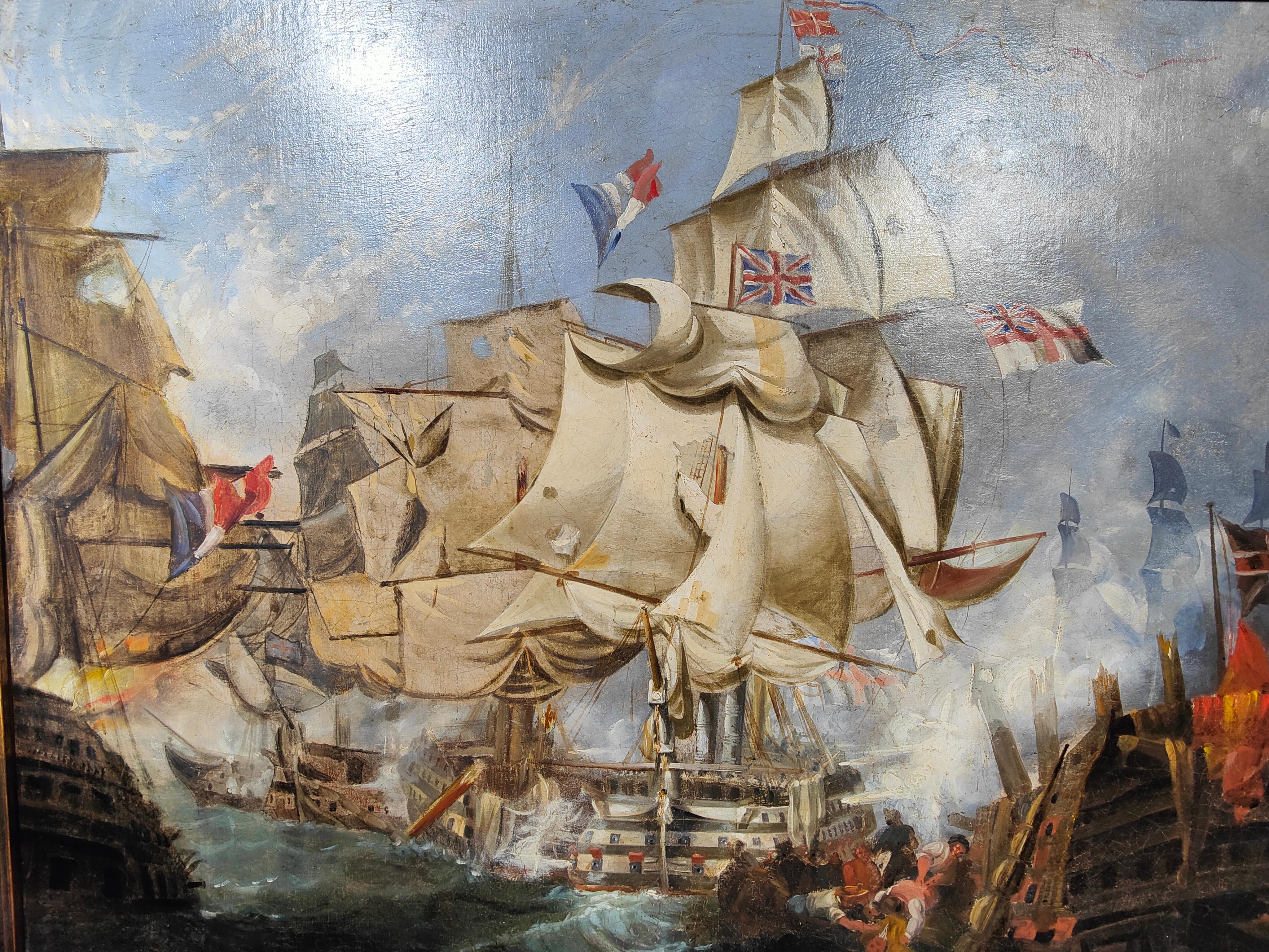XVIIIe siècle Huile sur toile avec la bataille de Trafalgar 18ème siècle en vente