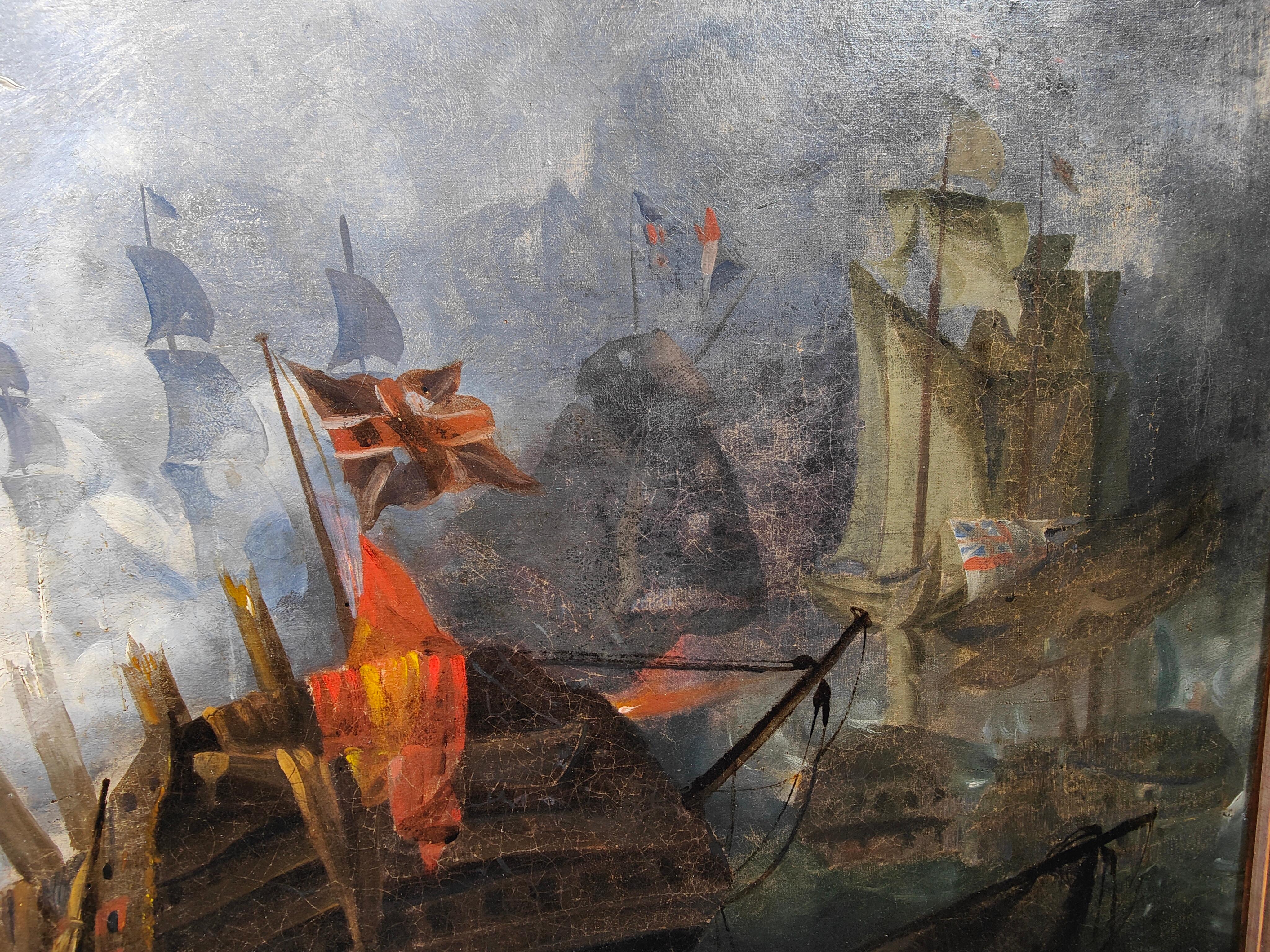 Huile sur toile avec la bataille de Trafalgar 18ème siècle en vente 4