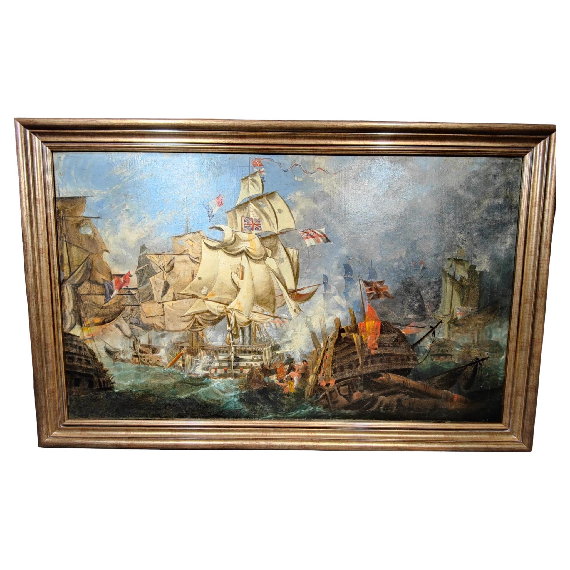 Huile sur toile avec la bataille de Trafalgar 18ème siècle en vente