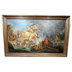 Antique Oil On Canvas With The Battle Of Trafalgar 18th Century