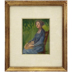 Vintage Oil on Canvas 'Woman on a Green Background' by Gigi Caldanzano, 1980s