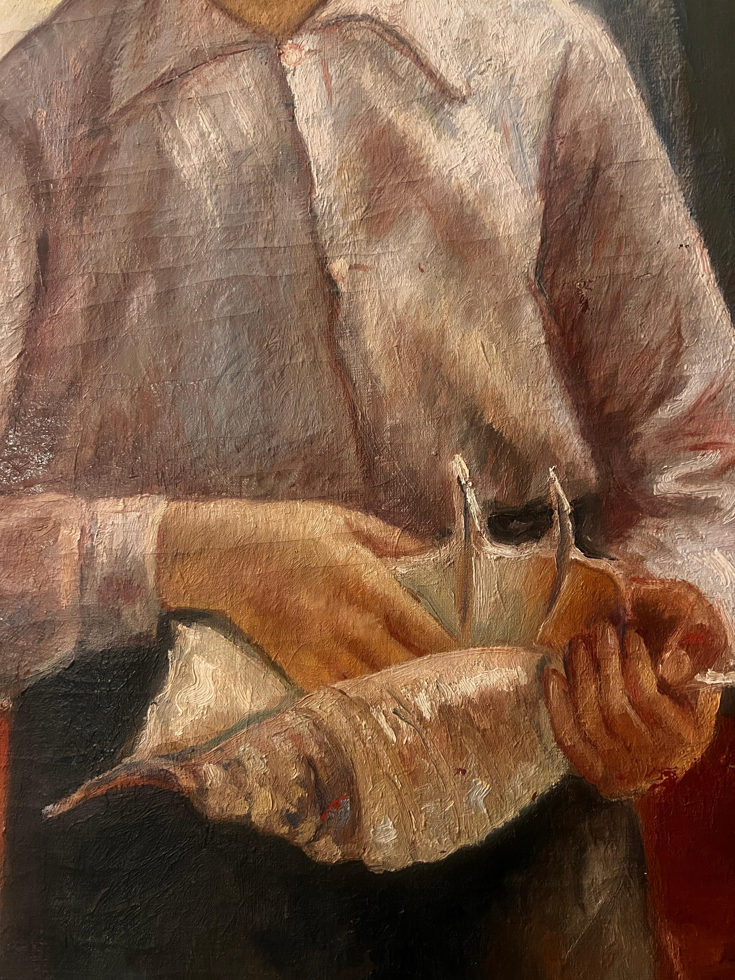 Oil painting on canvas young man holding a shell 
Marchetti sign date 1938 Italy
This portrait, unique in its theme, is a beautiful representation of a young man from before the war. The hand in this large shell inspires a feeling of curiosity and
