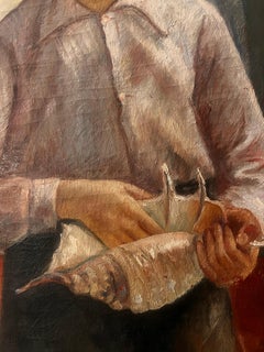 Oil on Canvas Young Boy With Shell Signed Marchetti 1938 Italy