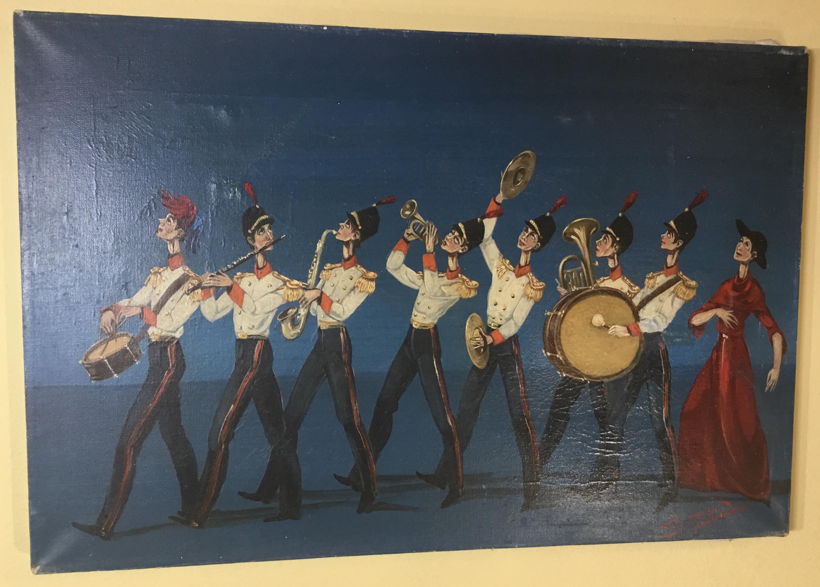 Very intriguing oil painting on canvas by D’ellia of marching band with friars, signed lower right,
School of Canevari painting.