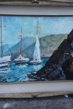 Oil on Cardboard Boats on the Sea in 1940 with Lacquered Frame